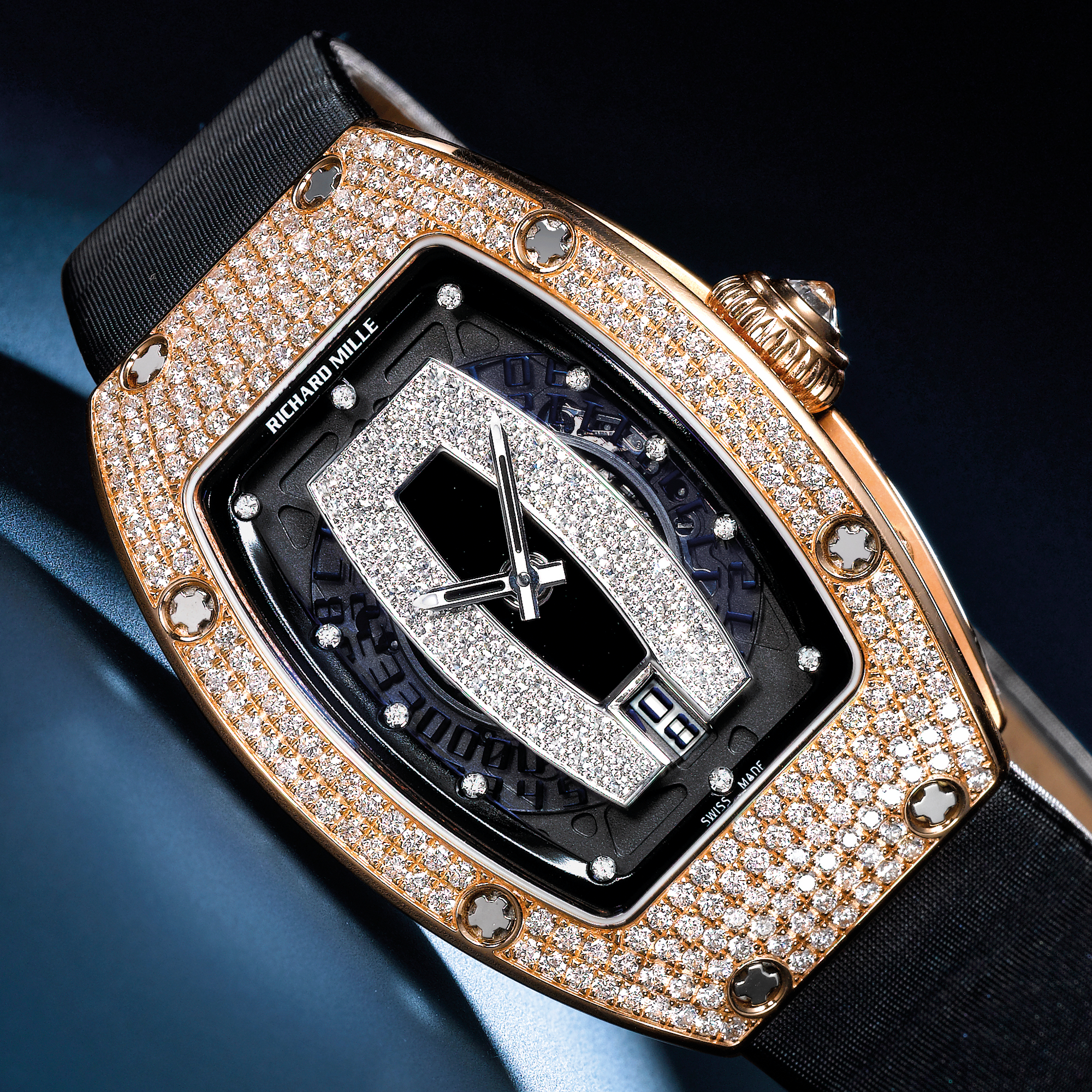 Richard Mille, A LADY'S FINE PINK GOLD, DIAMOND AND BLACK DIAMOND SET AUTOMATIC TONNEAU FORM WRISTWATCH WITH DATE CIRCA 2005 RM007 DIAMOND CRUNCHER