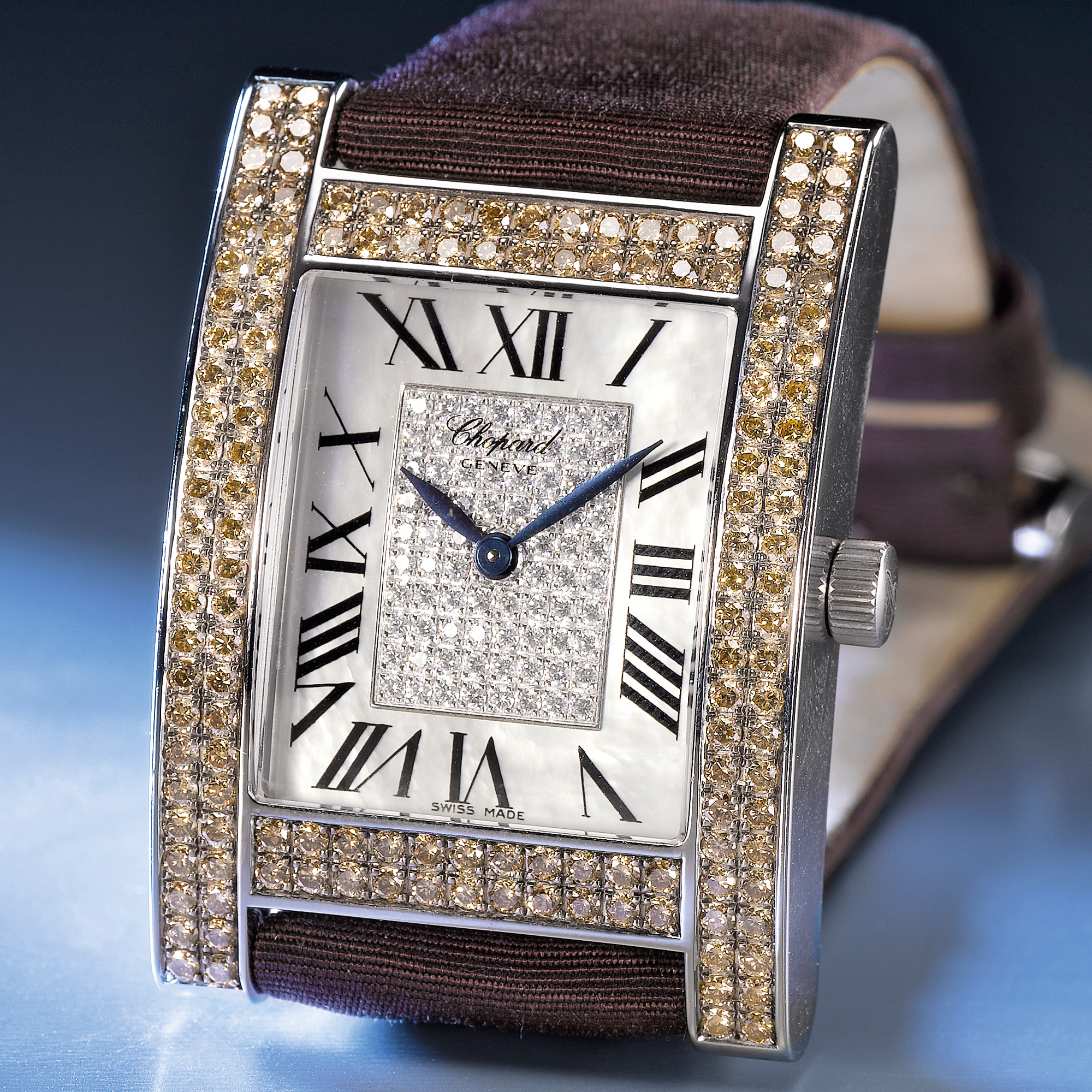 Chopard, A LADY'S FINE RECTANGULAR WHITE GOLD DIAMOND AND BROWN DIAMOND SET WRISTWATCH WITH MOTHER-OF-PEARL DIAL CIRCA 2995 YOUR HOUR
