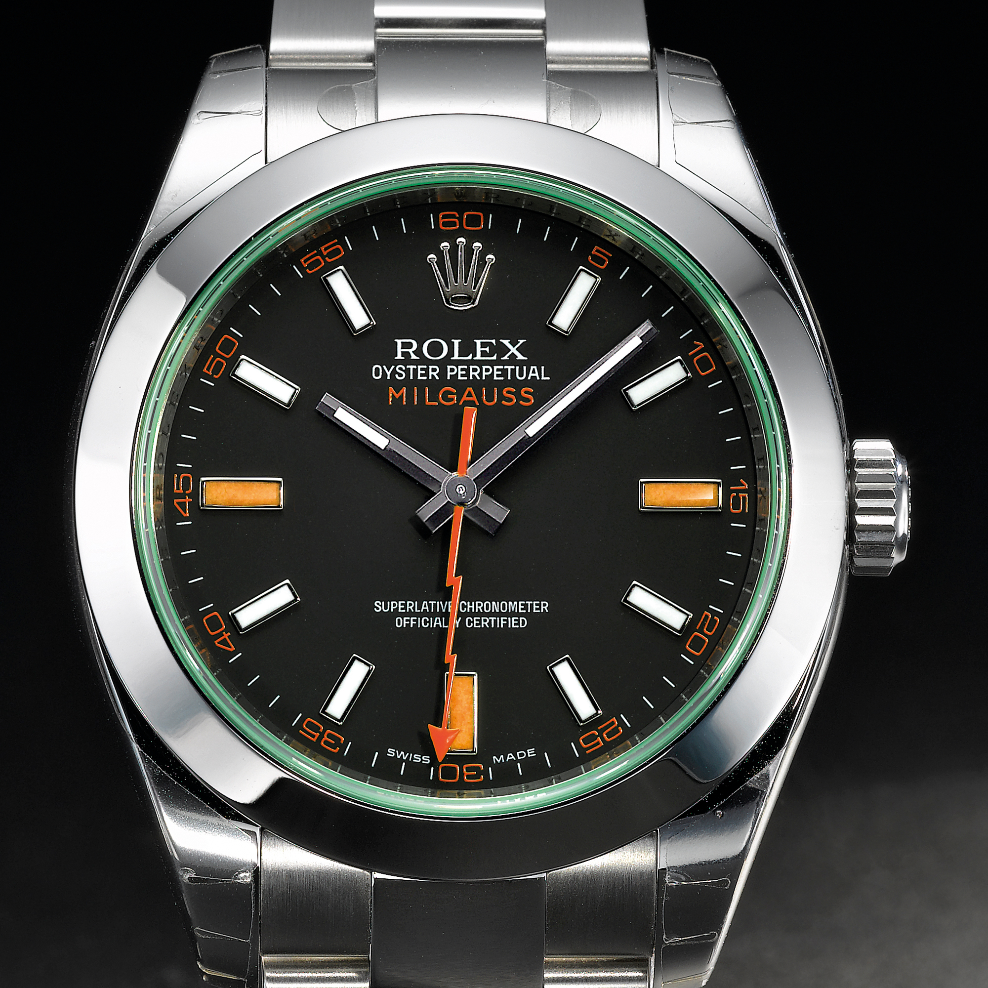 Rolex, A RARE STAINLESS STEEL AUTOMATIC CENTER SECONDS WATCH WITH BRACELET AND GREEN SAPPHIRE CRYSTAL CIRCA 2007 REF 116400 MILGAUSS