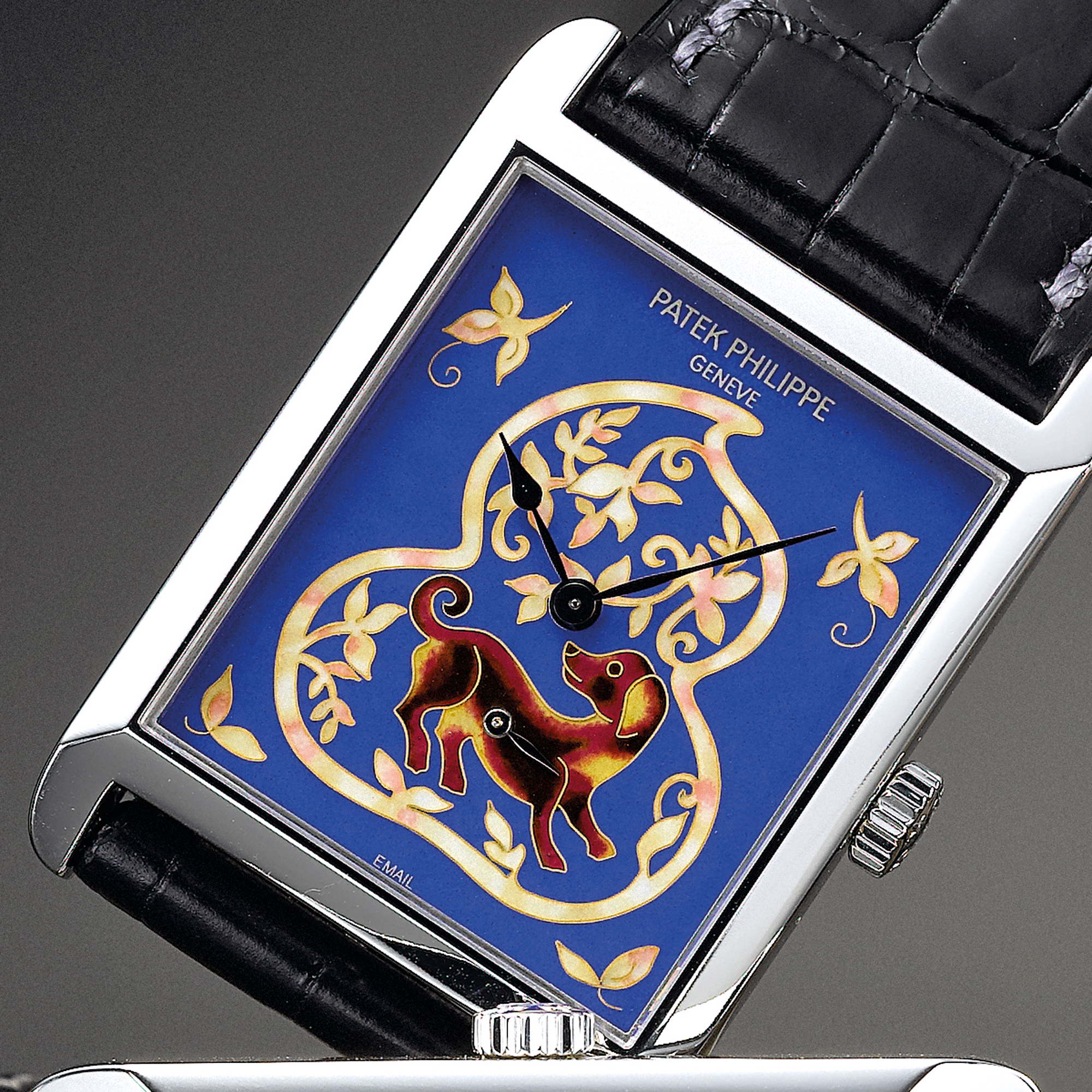 PATEK PHILIPPE, A VERY FINE AND RARE SET OF FOUR PLATINUM RECTANGULAR WRISTWATCHES WITH ENAMEL DIALS CIRCA 2006 REF 5076P-25, 5076P-26, 5076P-27, 5076P-28 'YEAR OF THE DOG' MVT 3355556, 3355554, 3355553 CASE 4380914, 4292932, 4267130, 4267129