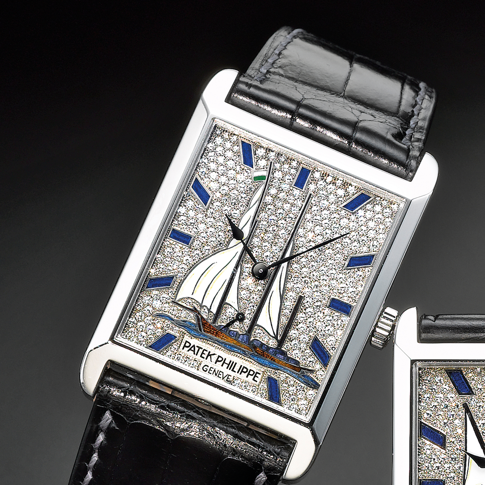 Patek Philippe, FOUR VERY FINE AND RARE PLATINUM AND DIAMOND SET RECTANGULAR WRISTWATCHES WITH ENAMEL DIALS CIRCA 2007 REF 5076P-29, 5076P-30, 5076P-31, 5076P-32 'SAIL BOATS' MVT 3355510, 3355516, 3355517, 3355534 CASE 4358262, 4380891, 4380890, 4358258