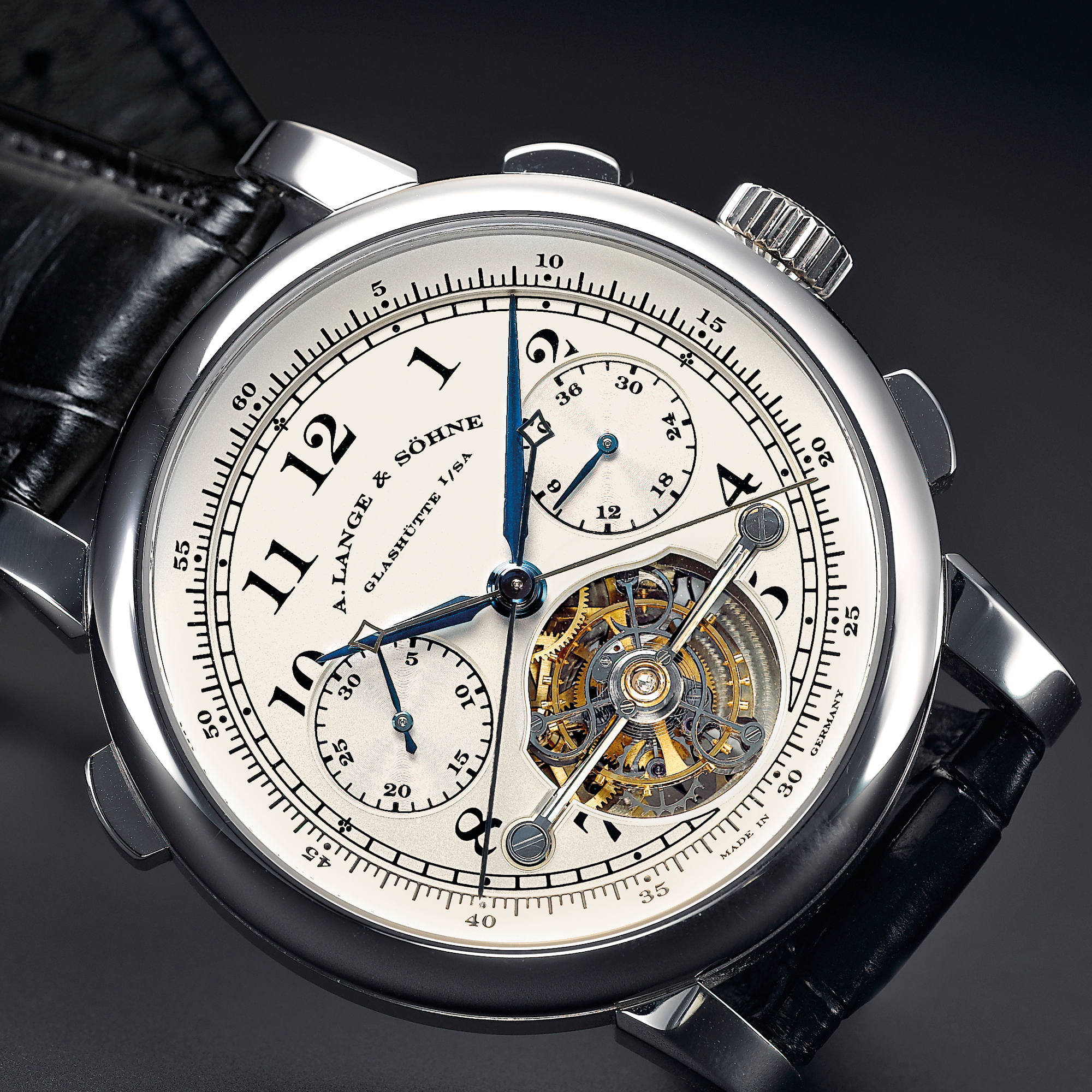 A. Lange & Söhne, A FINE AND RARE LIMITED EDITION PLATINUM TOURBILLON SPILT SECONDS CHRONOGRAPH WRISTWATCH WITH POWER RESERVE INDICATION AND CHAIN AND FUSEE CIRCA 2006 TOURBOGRAPH POUR LE MERITE NO 8/51