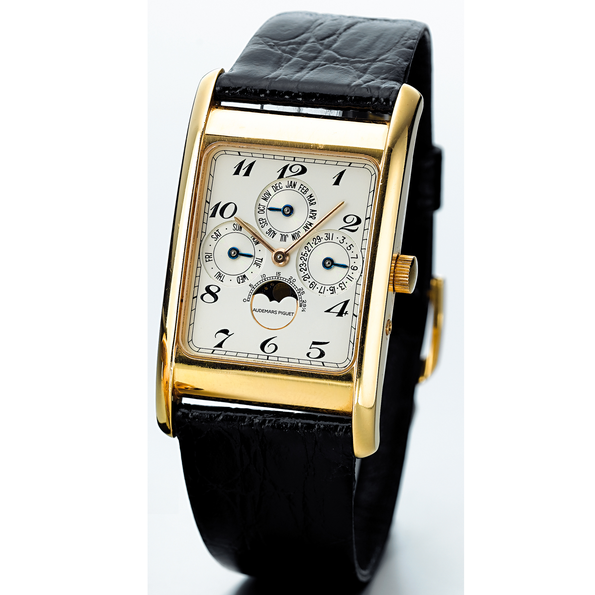 AUDEMARS PIGUET, A GOLD RECTANGULAR PERPETUAL CALENDAR WRISTWATCH WITH MOON-PHASESCIRCA 2000 NO 023
