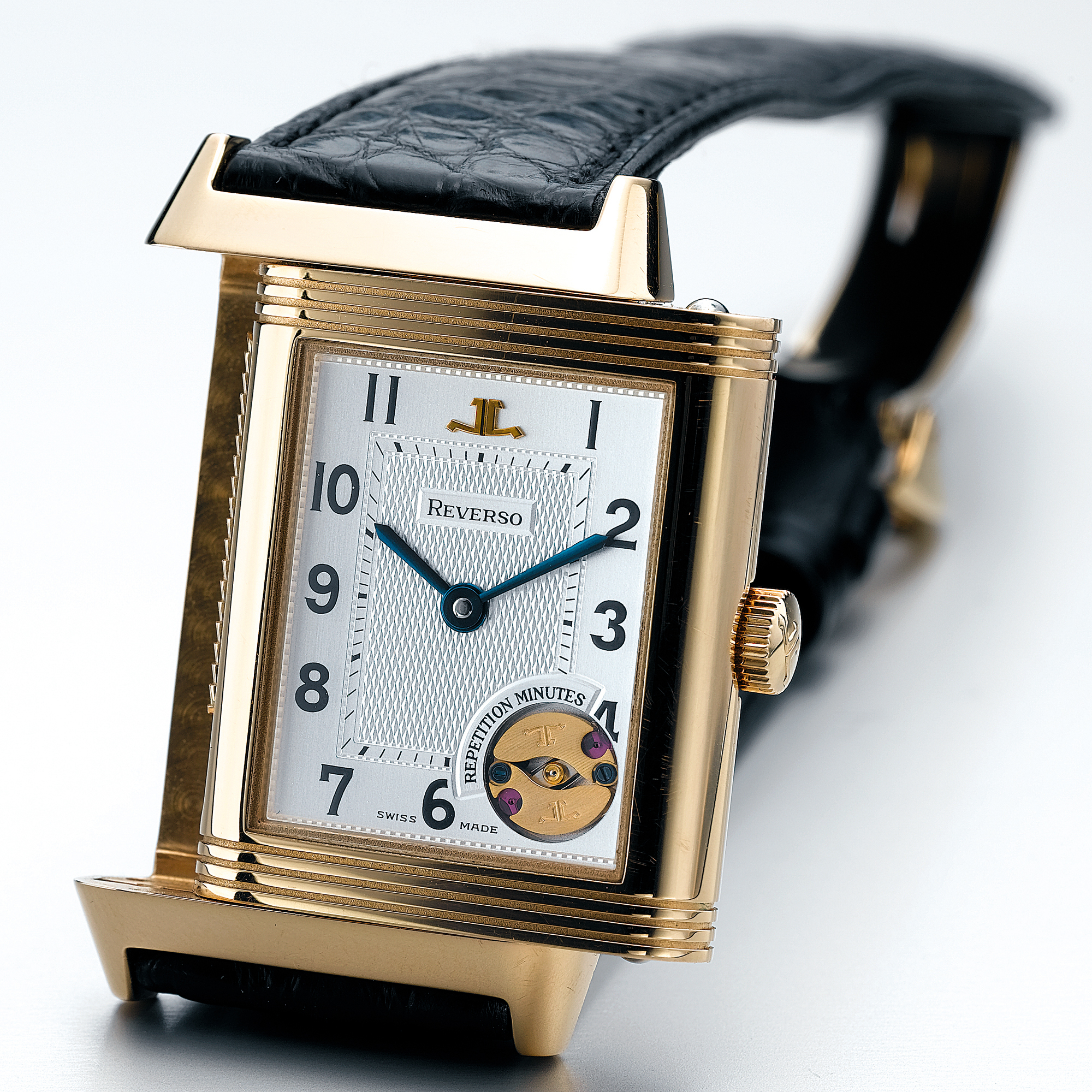 JAEGER LECOULTRE, A PINK GOLD LIMITED EDITION RECTANGULAR MINUTE REPEATING REVERSIBLE WRISTWATCHCIRCA 1995 REVERSO REPETITION MINUTES NO 123/500