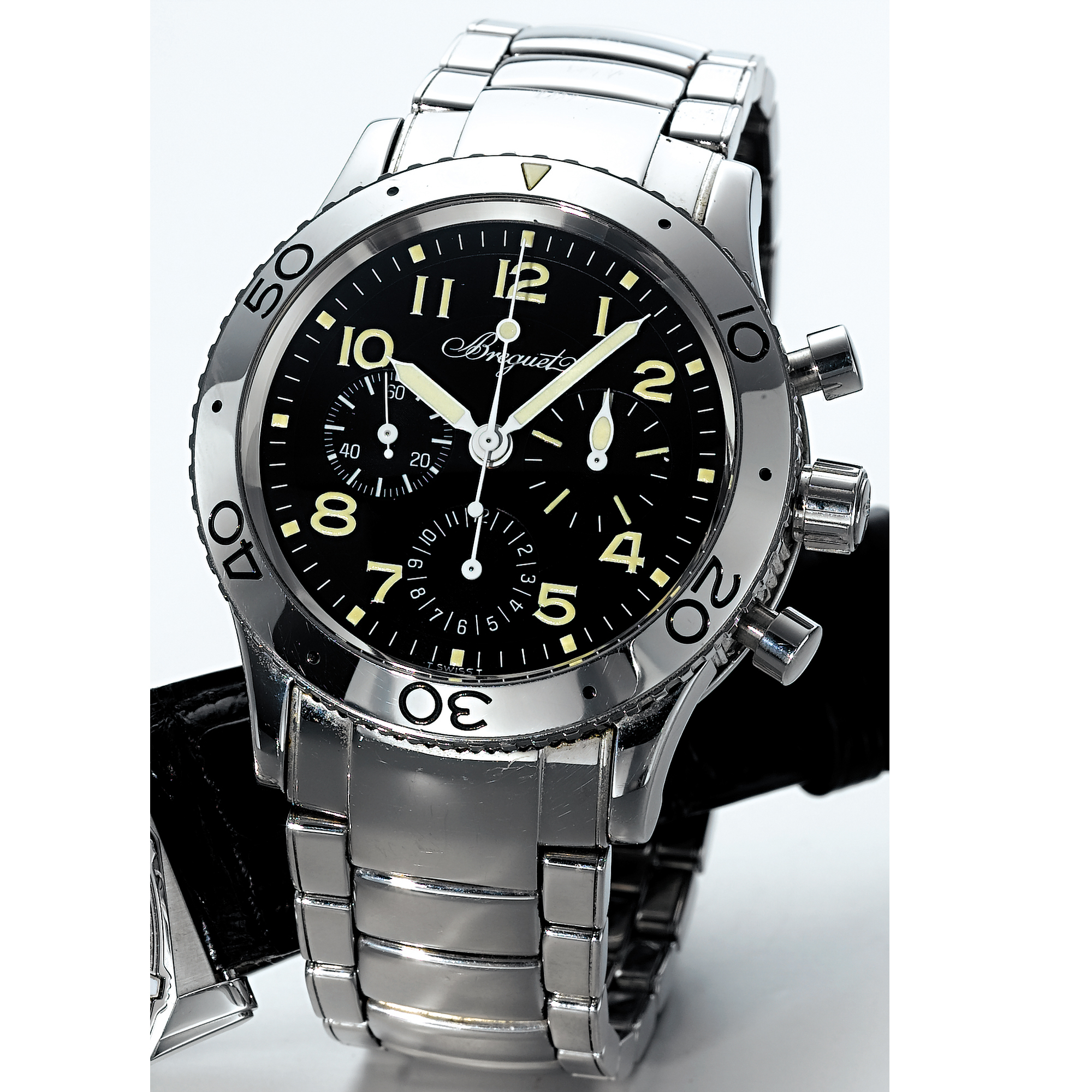 BREGUET, A STAINLESS STEEL AUTOMATIC CHRONOGRAPH WRISTWATCH WITH REGISTERS AND BRACELET CIRCA 2000 REF 3800 TYPE XX AERONAVALE 