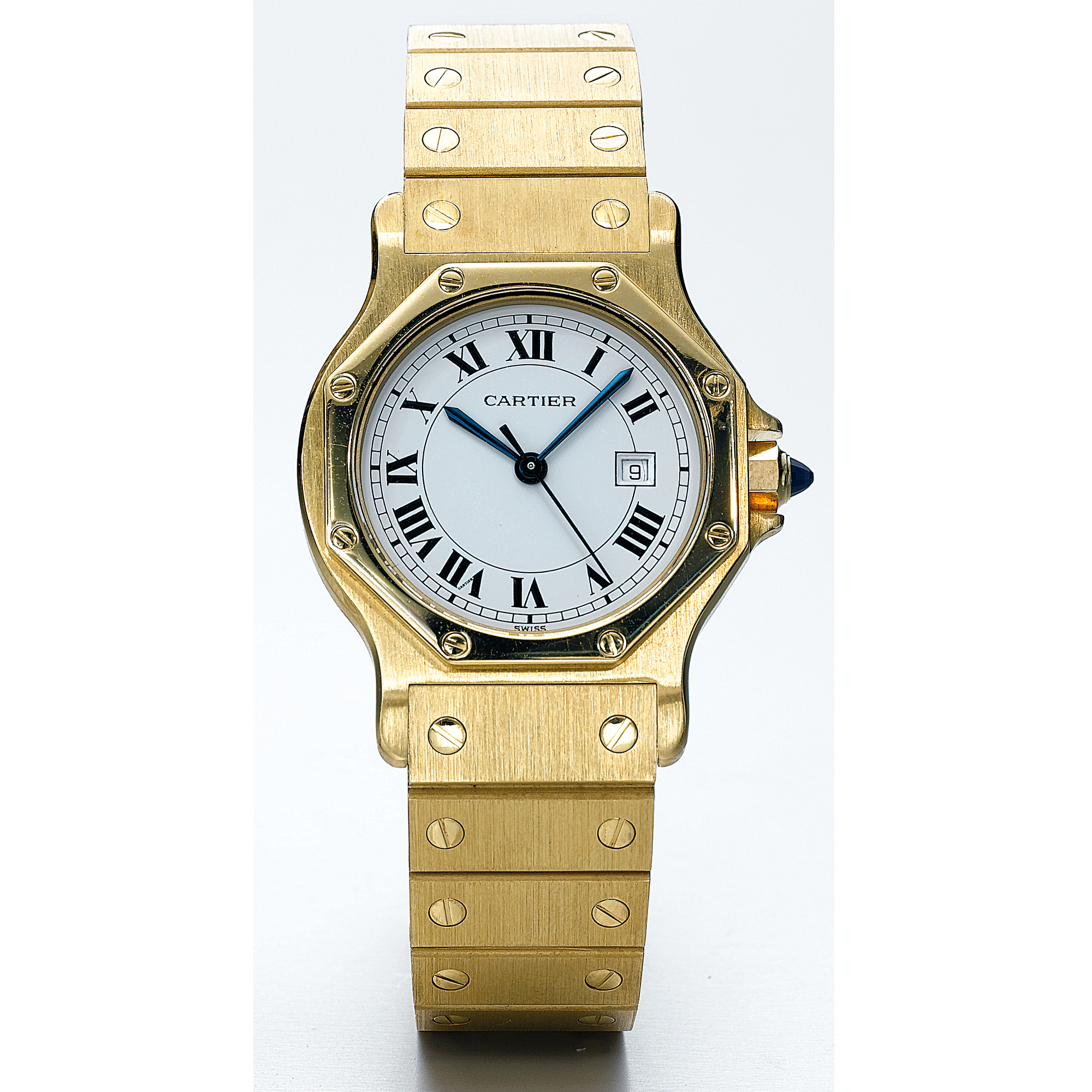 CARTIER, A GOLD AUTOMATIC CENTRE SECONDS BRACELET WATCH WITH DATECIRCA 1990 SANTOS