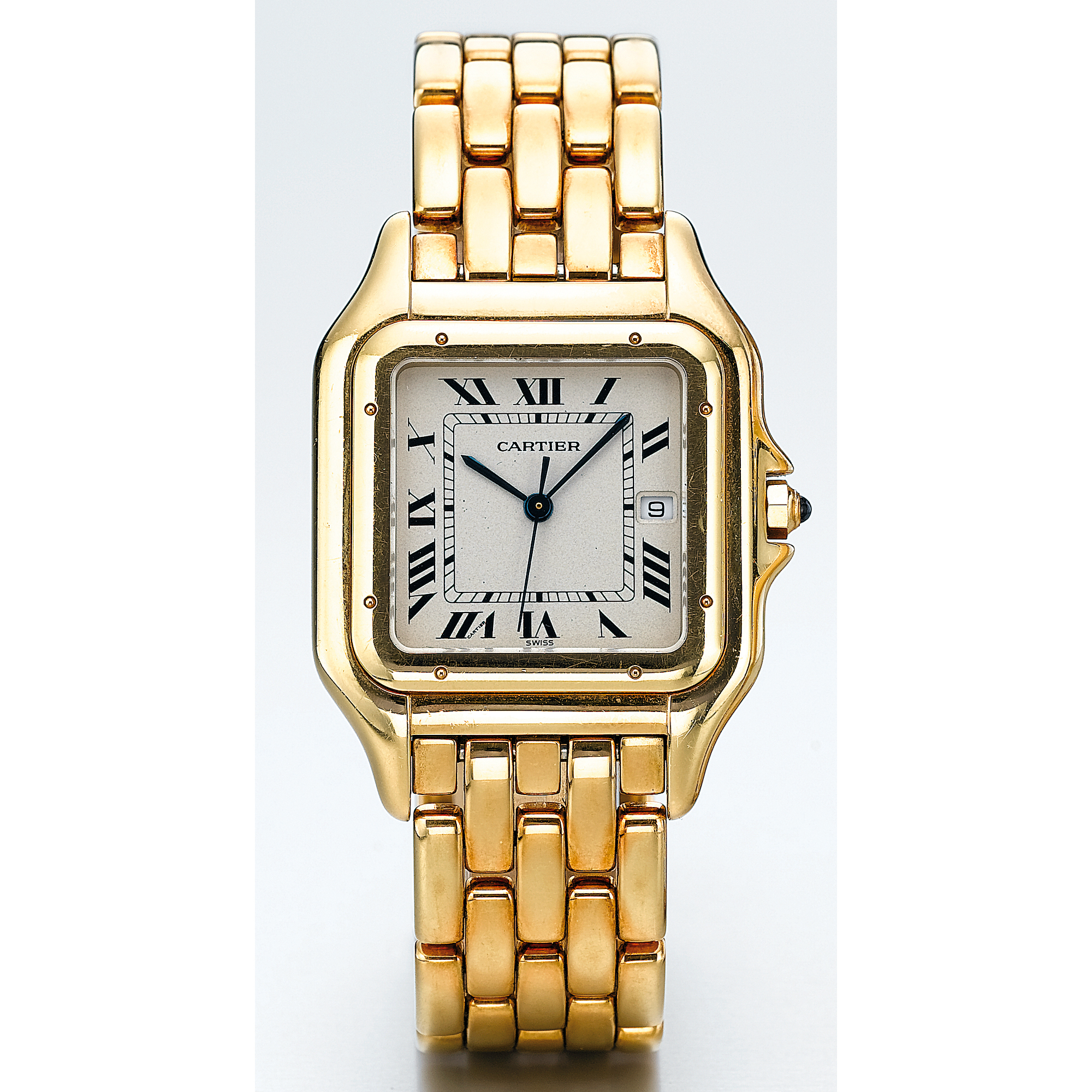 CARTIER, A GOLD SQUARE BRACELET WATCH WITH DATECIRCA 1990 PANTHERE