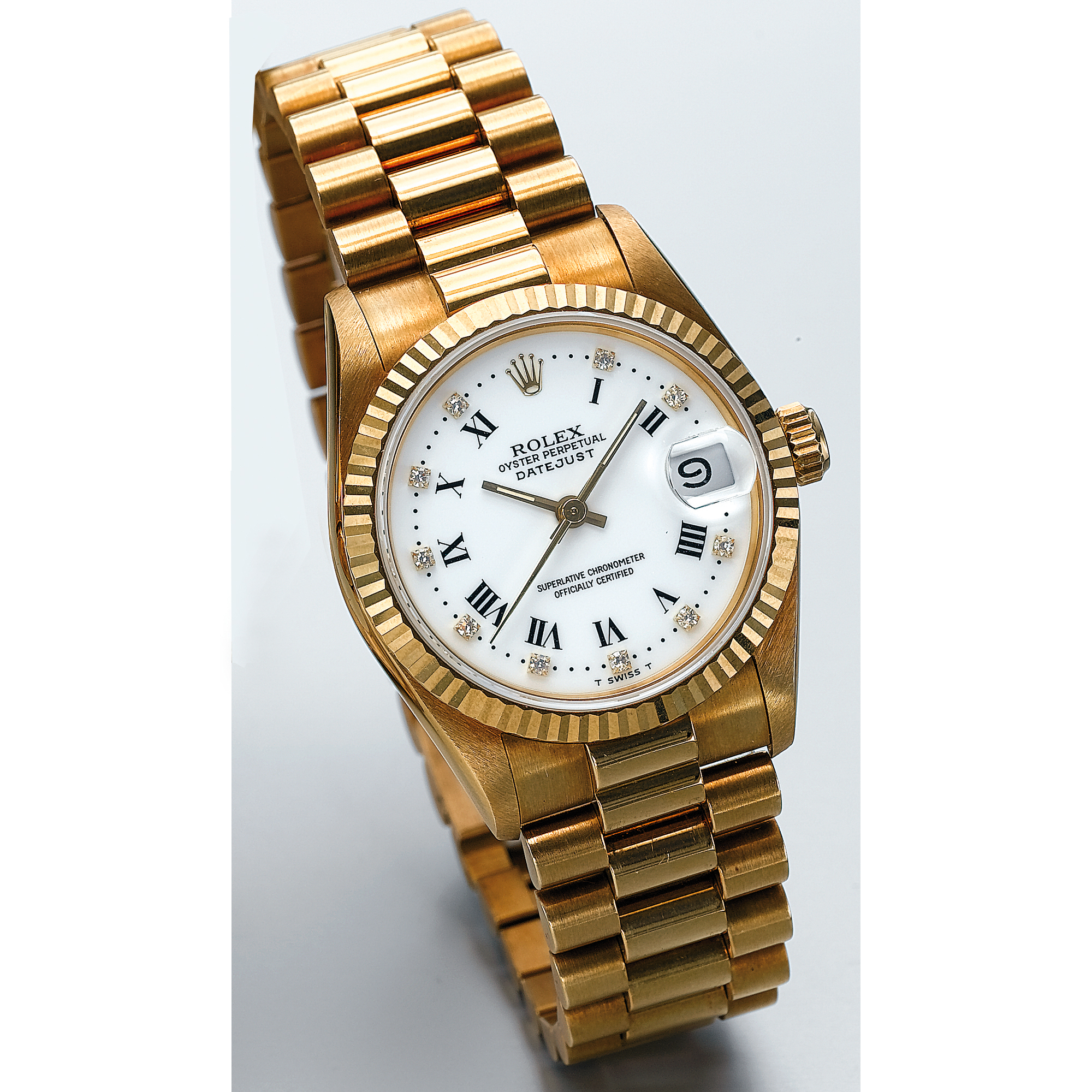 ROLEX, A GOLD AND DIAMOND MID-SIZE AUTOMATIC CENTRE SECONDS WRISTWATCH WITH DATE AND BRACELETCIRCA 1990 REF 68278 OYSTER PERPETUAL DATEJUST