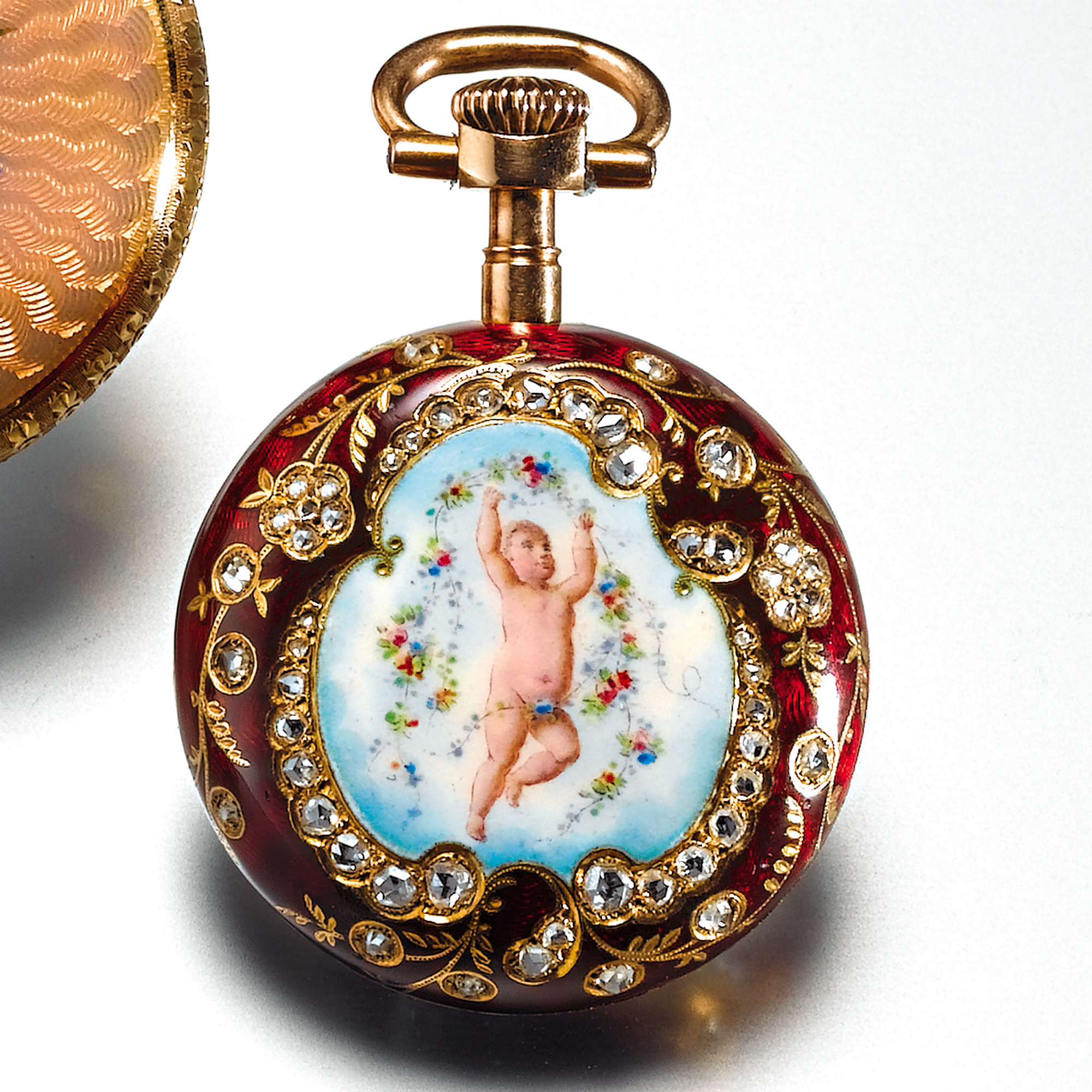 PATEK PHILIPPE, RETAILED BY MERRICK, WALSH & PHELPS, ST. LOUIS: A RARE LADY'S GOLD, DIAMOND AND ENAMEL KEYLESS LEVER PENDANT WATCH1895 MVT 103245 CASE 214919