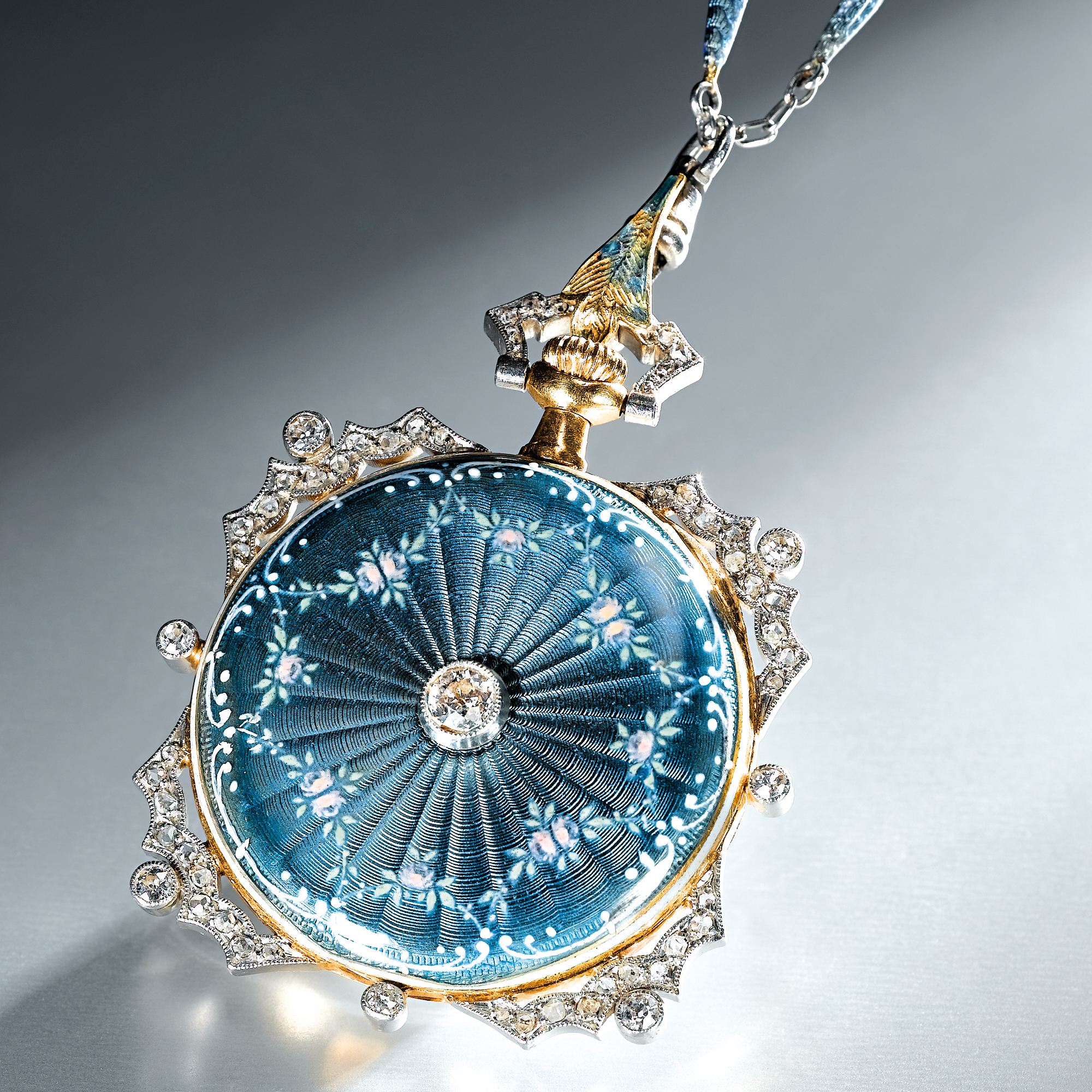 PATEK PHILIPPE, A RARE LADY'S GOLD, PLATINUM, DIAMOND AND ENAMEL KEYLESS LEVER PENDANT WATCH WITH MATCHING CHAIN1910 MVT 158888 CASE 267352