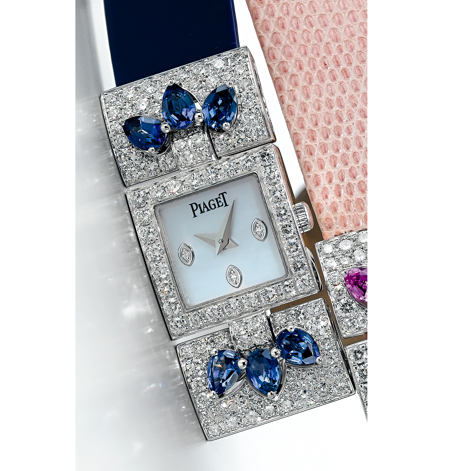 PIAGET, A LADY'S WHITE GOLD, DIAMOND AND SAPPHIRE SET SQUARE WRISTWATCH WITH MOTHER-OF-PEARL DIALCIRCA 2007 REF P10071