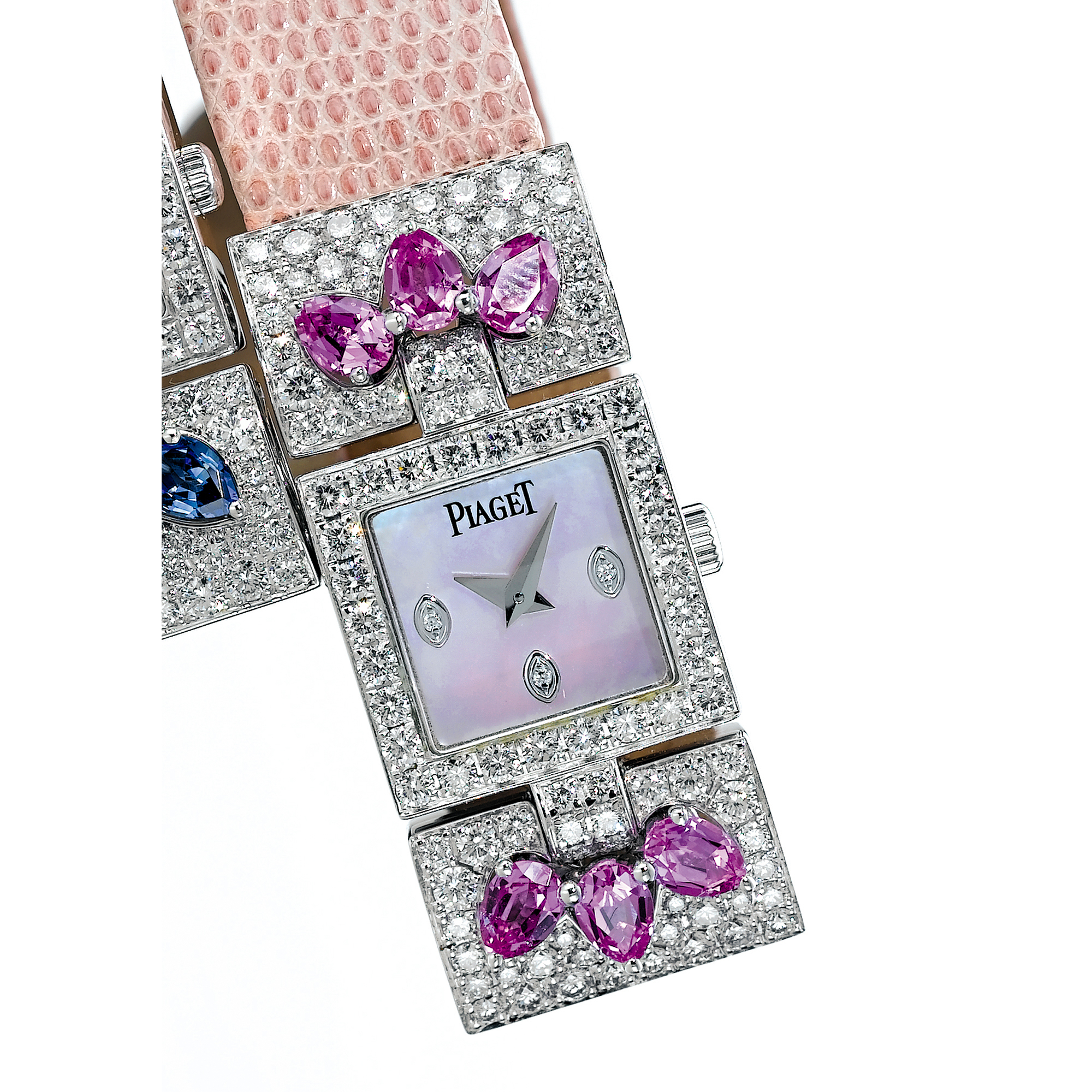 PIAGET, A LADY'S WHITE GOLD, DIAMOND AND PINK SAPPHIRE SET SQUARE WRISTWATCH WITH MOTHER-OF-PEARL DIALCIRCA 2007 REF P10071