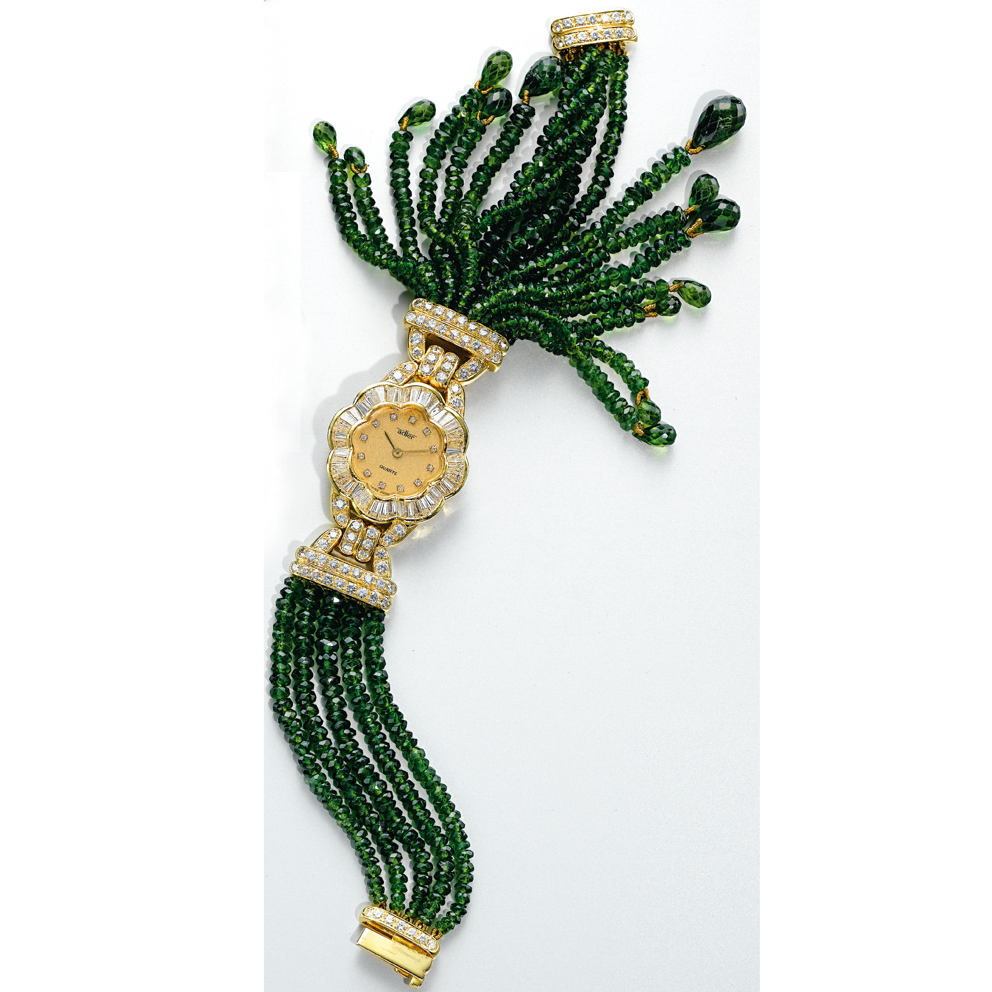 ADLER, A LADY'S GOLD, DIAMOND AND GREEN TOURMALINE BRACELET WATCHCIRCA 1995