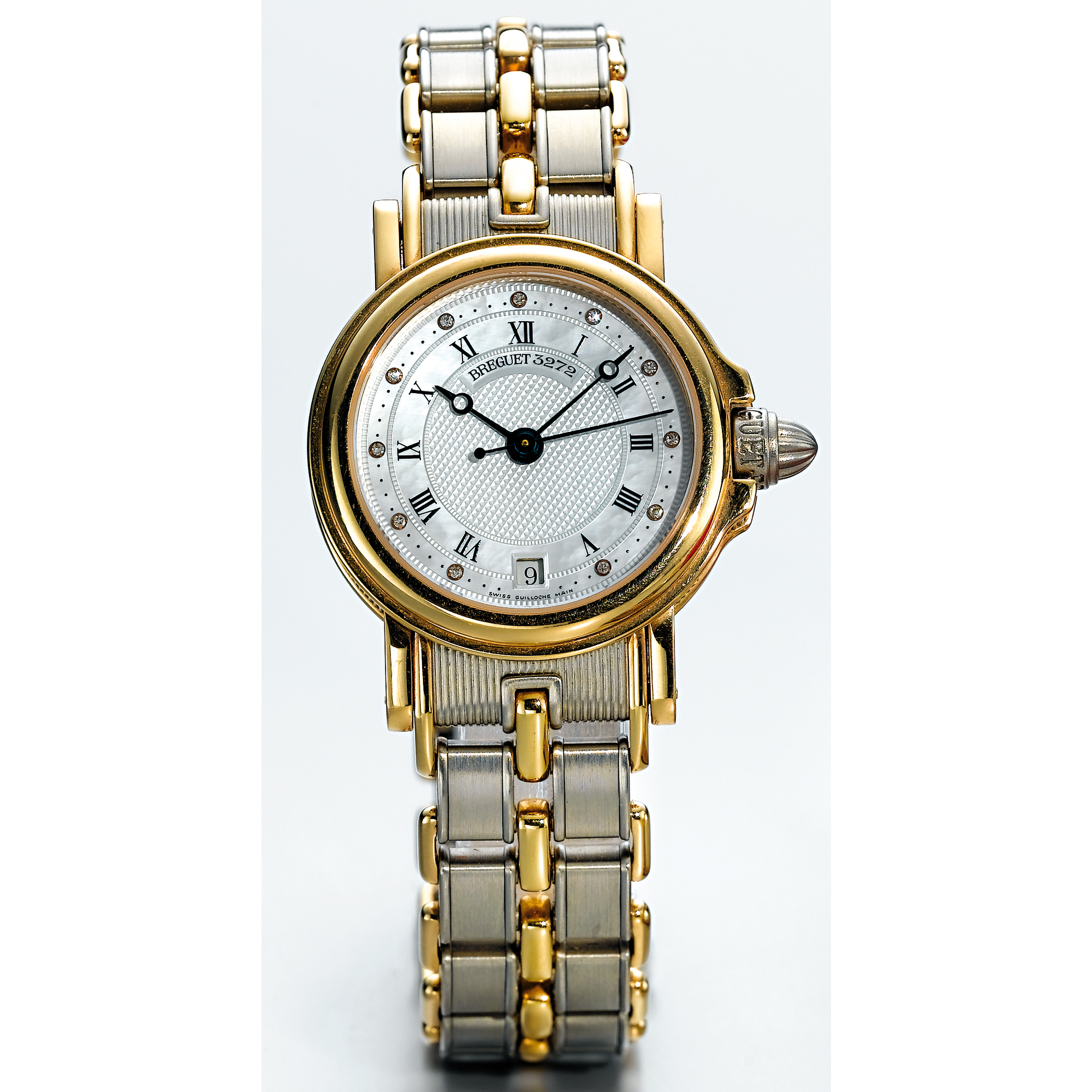 BREGUET, A LADY'S AUTOMATIC TWO COLOUR GOLD AND DIAMOND CENTRE SECONDS WRISTWATCH WITH MOTHER OF PEARL DIAL, DATE AND BRACELETCIRCA 2000 REF 3272G
