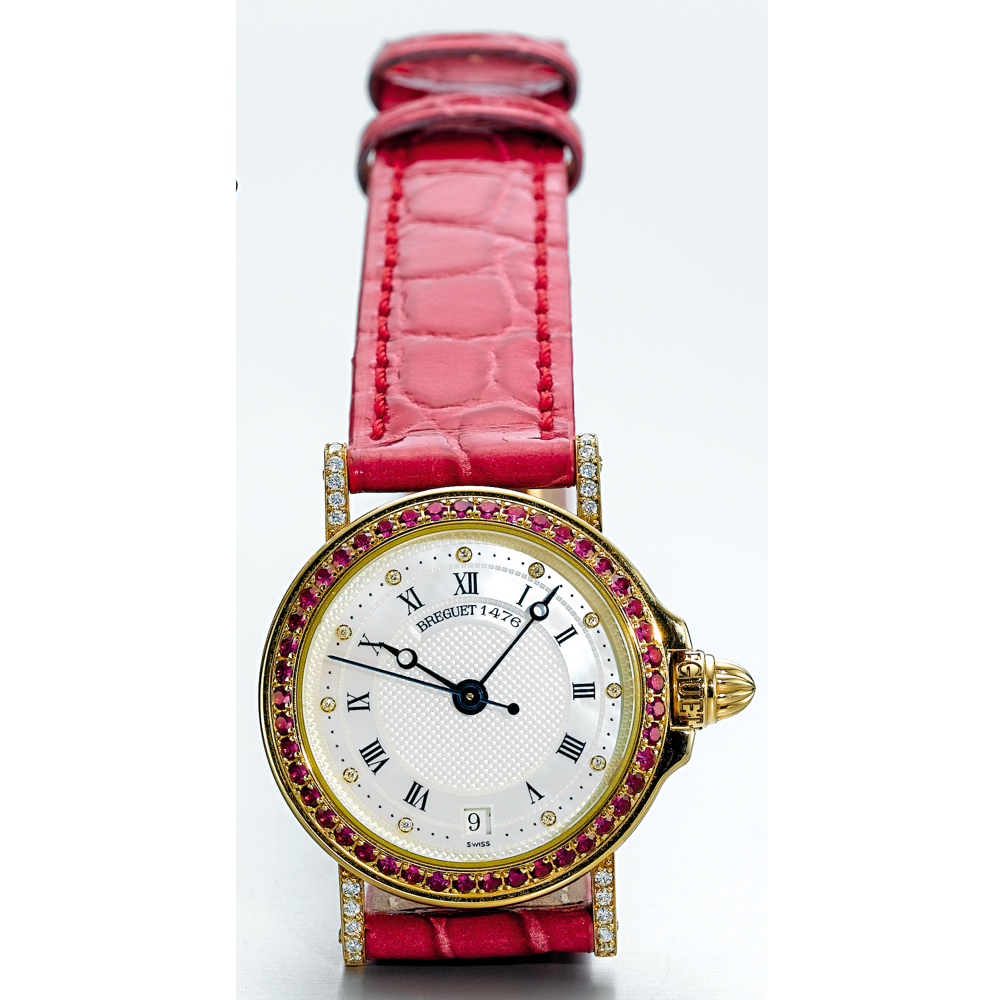BREGUET, A LADY'S GOLD, DIAMOND AND RUBY SET AUTOMATIC CENTRE SECONDS WRISTWATCH WITH DATE AND MOTHER-OF-PEARL DIAL CIRCA 2000 REF 1476E