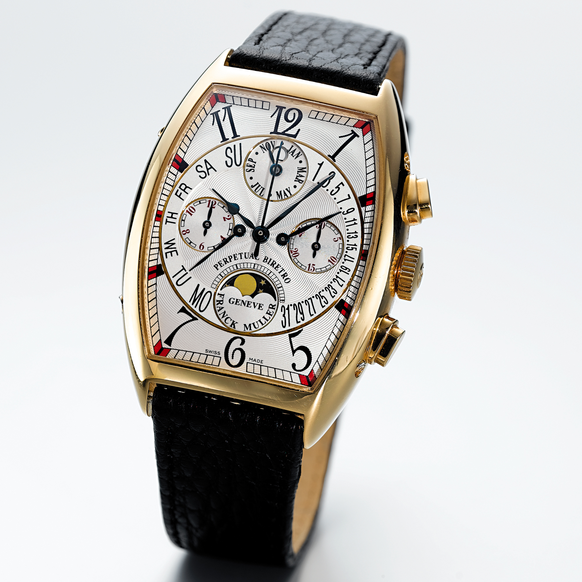 FRANCK MULLER, A GOLD AUTOMATIC TONNEAU PERPETUAL CALENDAR CHRONOGRAPH WRISTWATCH WITH REGISTERS AND MOON-PHASESCIRCA 2001 PERPETUAL BIRETRO NO 07