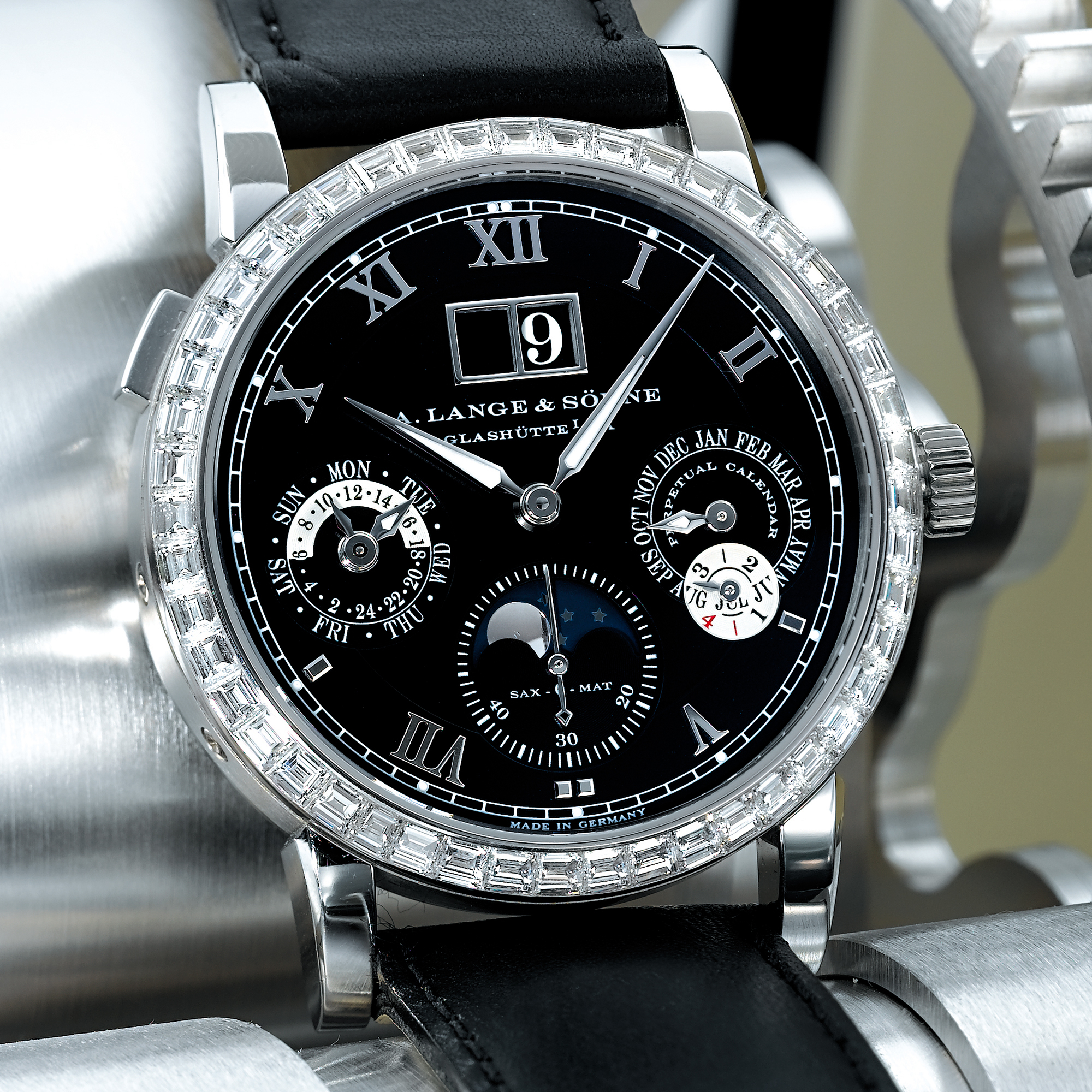 A. LANGE & SÖHNE, A FINE PLATINUM DIAMOND AUTOMATIC PERPETUAL CALENDAR WRISTWATCH WITH MOON-PHASES AND OVERSIZED DATECIRCA 2005 LANGEMATIK PERPETUAL 