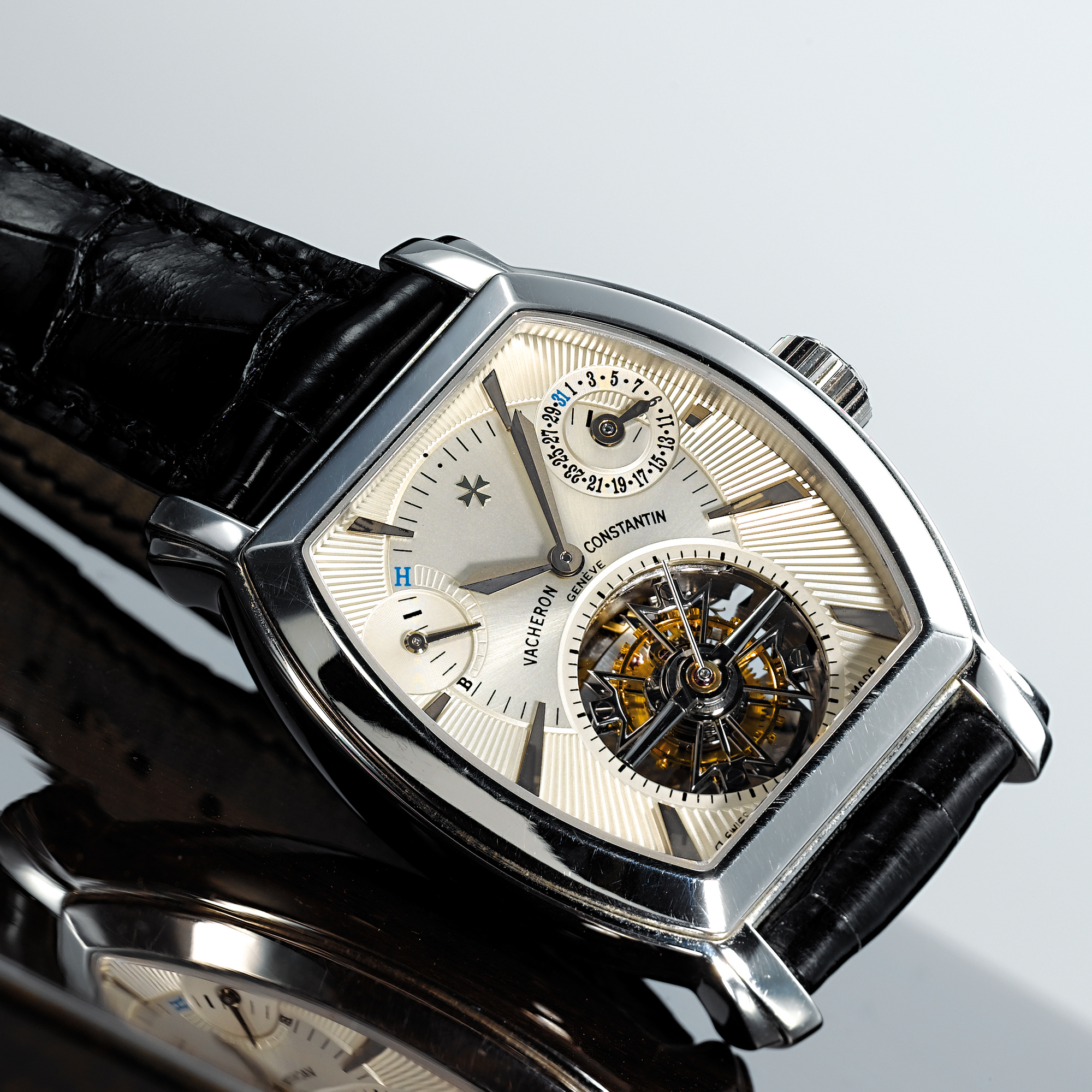 VACHERON CONSTANTIN, A FINE, RARE AND LARGE PLATINUM TONNEAU FORM TOURBILLON WRISTWATCH WITH DATE AND POWER RESERVECIRCA 2002