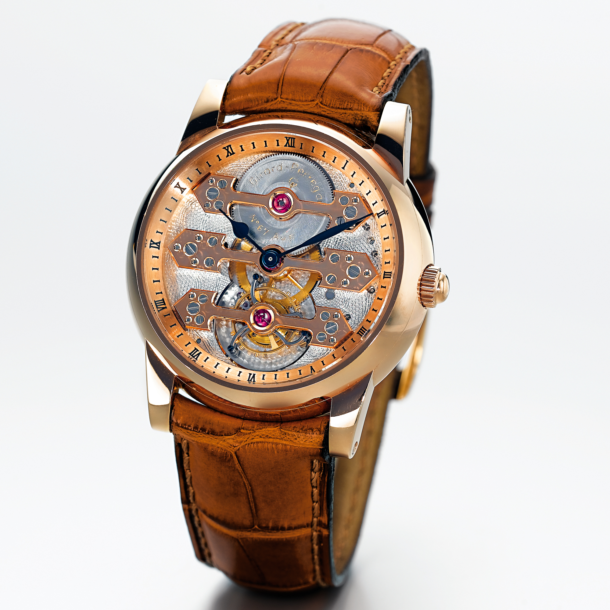 Girard Perregaux, A FIND PINK GOLD SKELETONISED TOURBILLON WRISTWATCH CIRCA 1994 SOUS TROIS PONTS D'OR NO 67