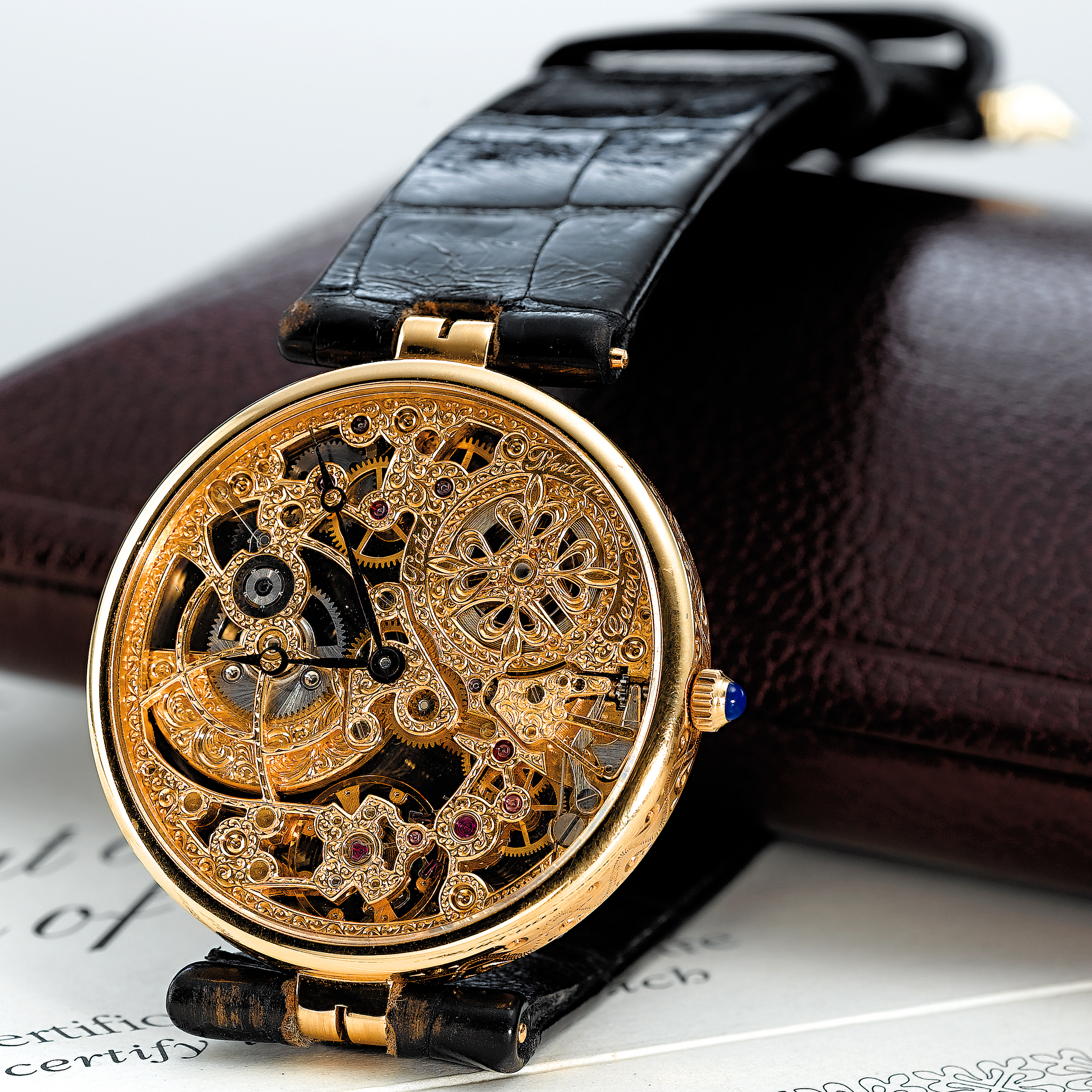 PATEK PHILIPPE, A VERY FINE GOLD SKELETONISED AUTOMATIC WRISTWATCHCIRCA 1980 REF 3878 MVT NO 1239397 CASE NO 2974877