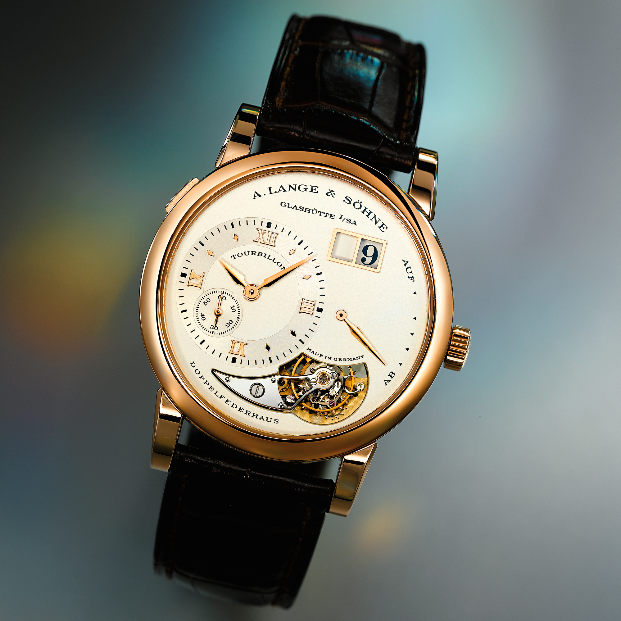 A. LANGE & SÖHNE, A FINE AND RARE LIMITED EDITION PINK GOLD TOURBILLON WRISTWATCH WITH OVERSIZED DATE AND POWER RESERVE LANGE 1 TOURBILLON, CIRCA 2001 NO. 210/250