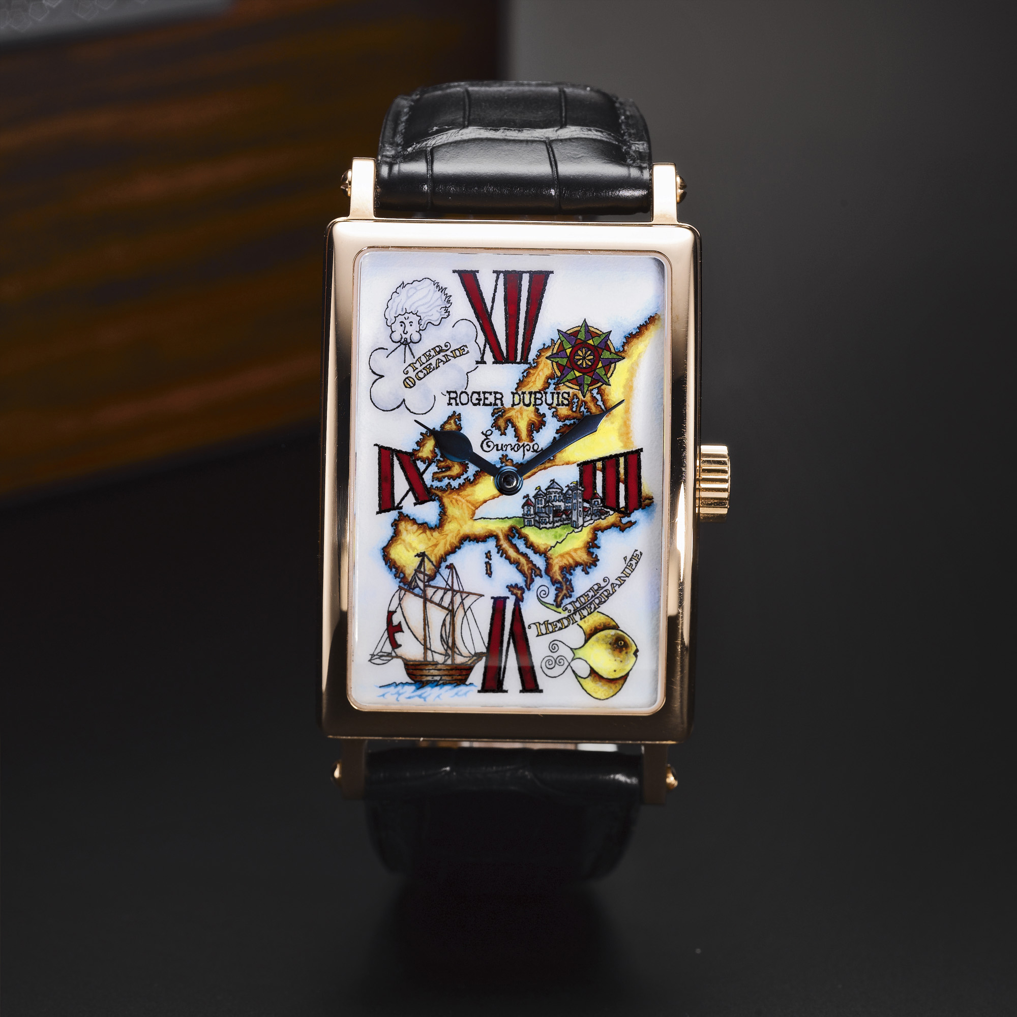 ROGER DUBUIS, A FINE PINK GOLD LIMITED EDITION RECTANGULAR WRISTWATCH WITH ENAMEL DIALCIRCA 2006 MUCH MORE NO11/28
 