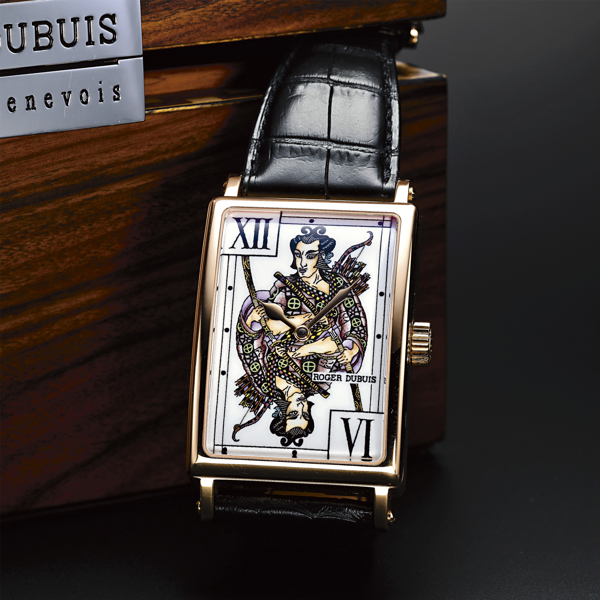Roger Dubuis, A FINE LIMITED EDITION PINK GOLD RECTANGULAR AUTOMATIC WRISTWATCH WITH ENAMEL DIAL CIRCA 2006 MUCH MORE NO 10/28
 