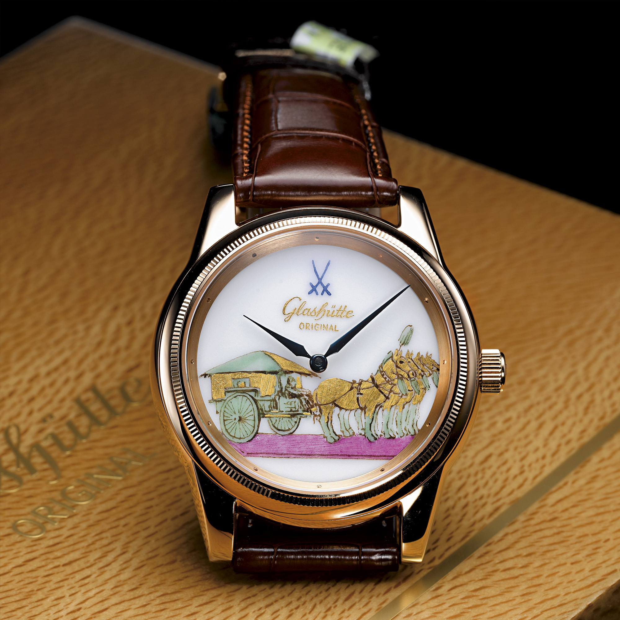 Glashüte, A FINE LIMITED EDITION GOLD WRISTWATCH WITH MEISSEN PORCELAIN DIAL AND ENAMEL HORSE & WAGON MOTIF CIRCA 2006 NO. 15/50
 