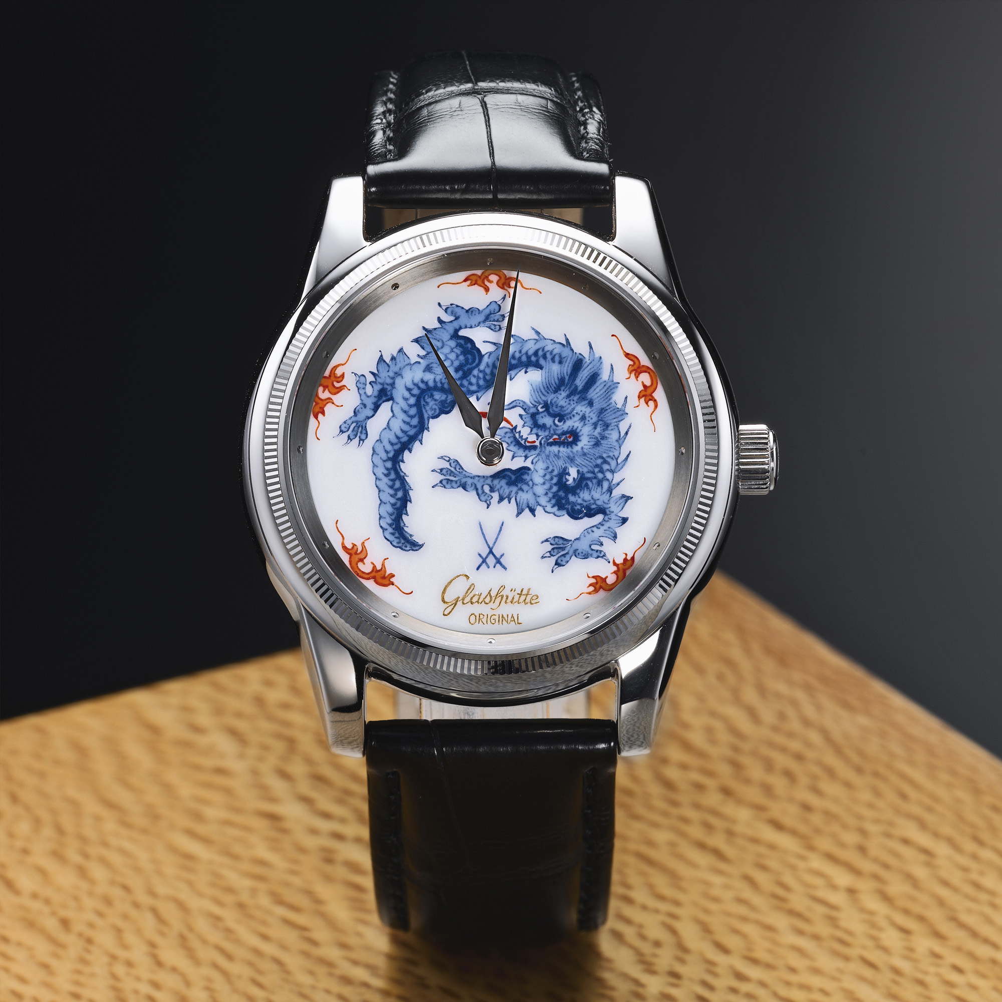Glashütte Original, A FINE  LIMITED EDITION WHITE GOLD WRISTWATCH WITH MEISSEN PORCELAIN DIAL AND ENAMEL MING DRAGON MOTIF CIRCA 2006 NO 19/60
