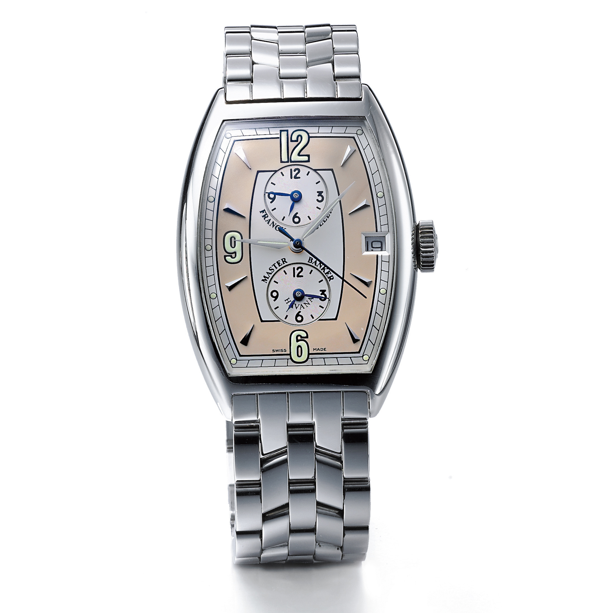 Franck Muller, A STAINLESS STEEL AUTOMATIC TONNEAU FORM AUTOMATIC CHRONOGRAPH WRISTWATCH WITH DATE AND REGISTER CIRCA 2000 REF 8885 CASABLANCA NO 216