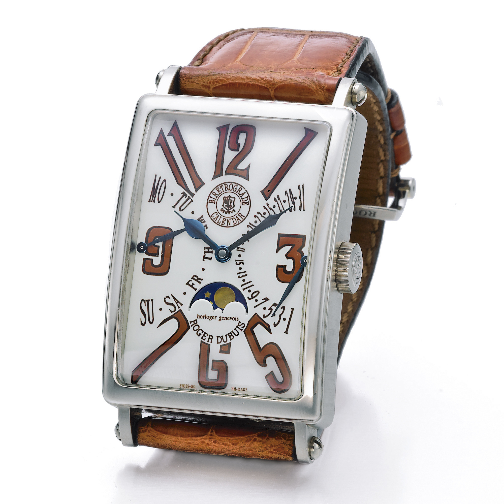Roger Dubuis, AN OVERSI LIMITED EDITION OVERSIZED WHITE GOLD RECTANGULAR AUTOMATIC BI-RETROGRADE WRISTWATCH WITH MOON-PHASES CIRCA 2000 MUCHMORE NO.14/28
