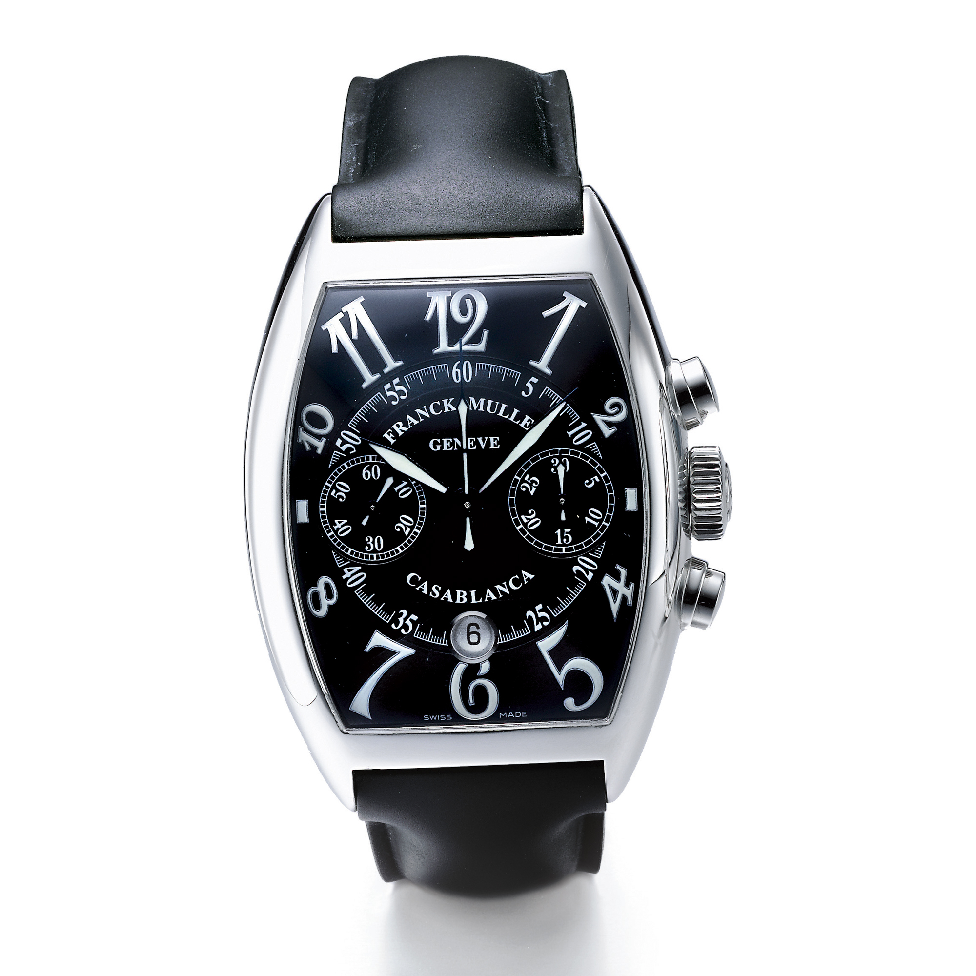 Franck Muller, A STAINLESS STEEL TONNEAU FORM AUTOMATIC CENTER SECONDS TRIPLE TIME ZONE WRISTWATCH WITH DATE AND BRACELET CIRCA 2000 REF 5850 MB HV MASTER BANKER HAVANA NO115 