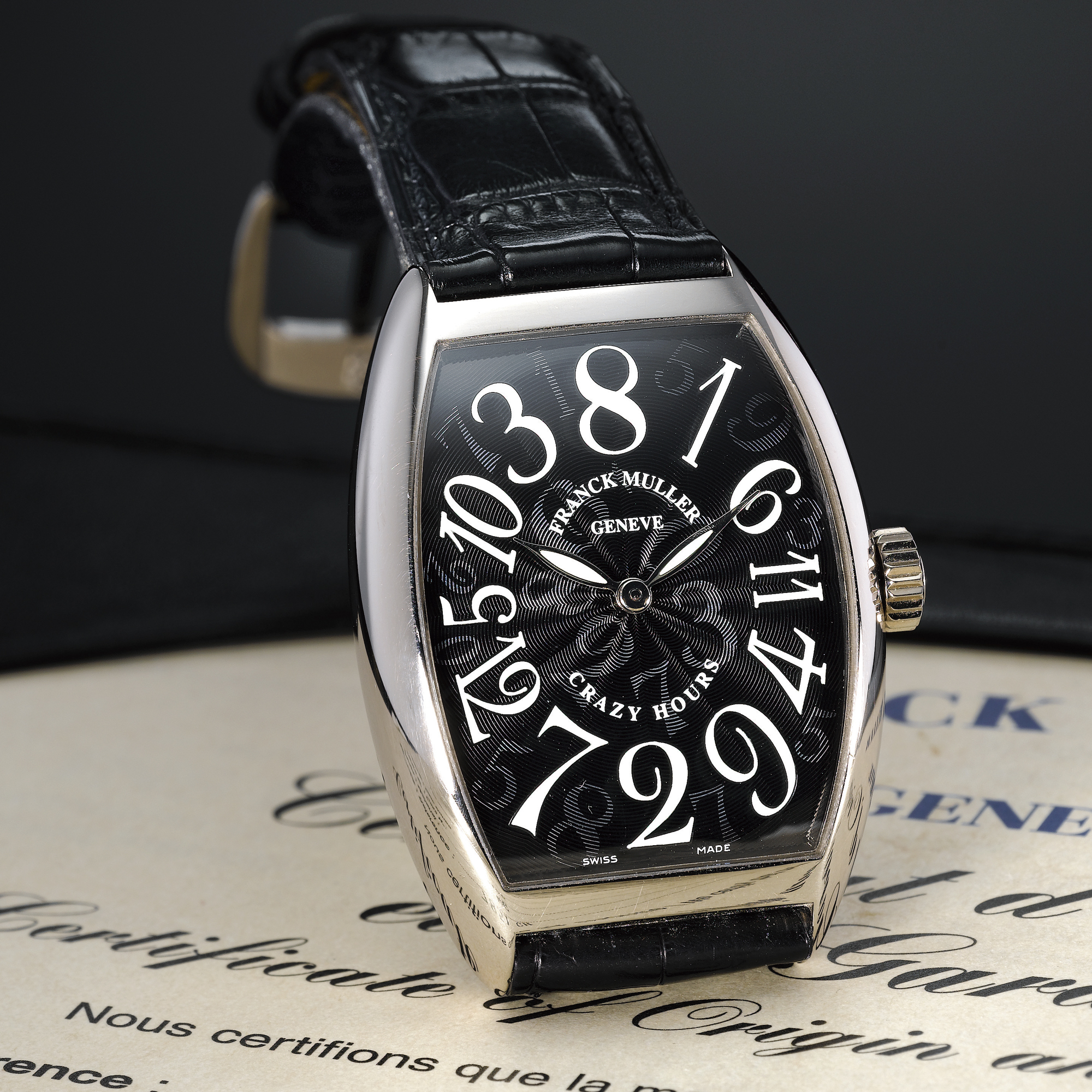 Franck Muller, A FINE TONNEAU FORM WHITE GOLD AUTOMATIC WRISTWATCH CIRCA 2004 CRAZY HOURS REF 7851 CH NO 466