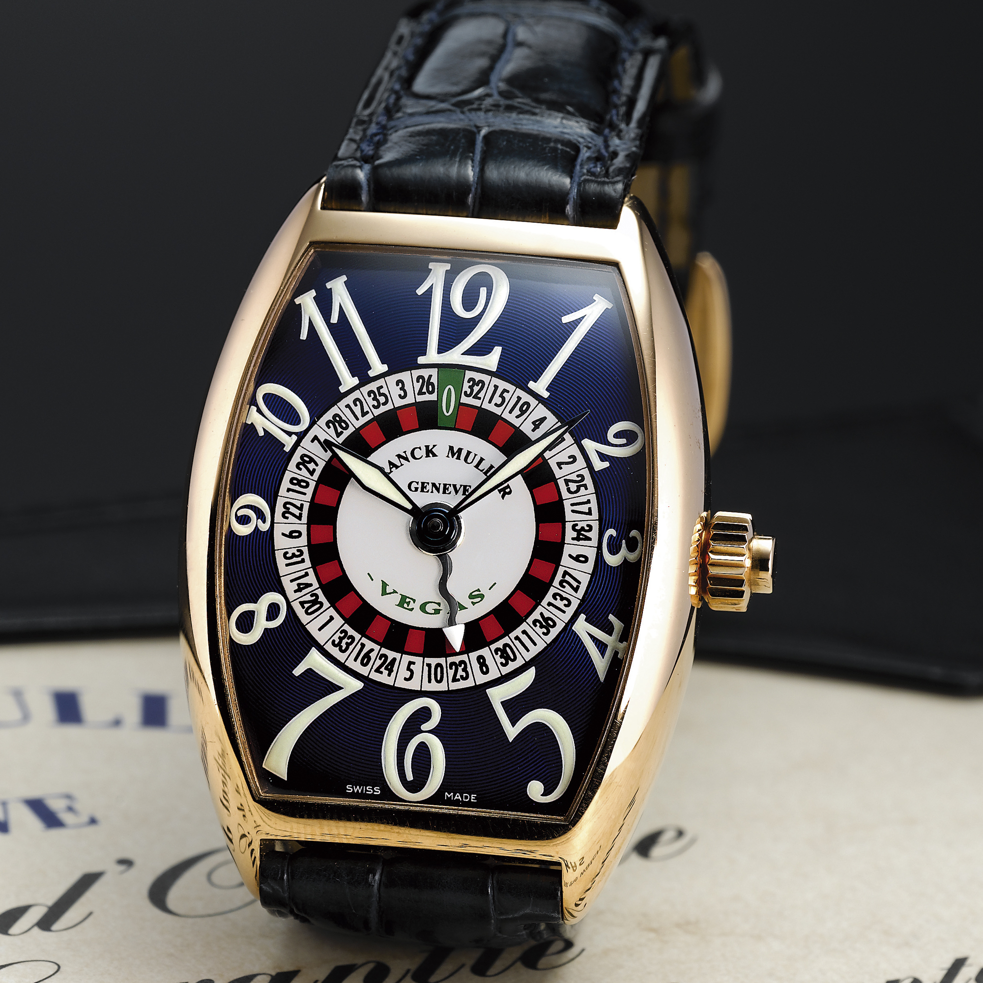 Franck Muller, A FINE PINK GOLD TONNEAU FORM AUTOMATIC WRISTWATCH WITH ROULETTE CIRCA 2005 VEGAS 5850 NO108