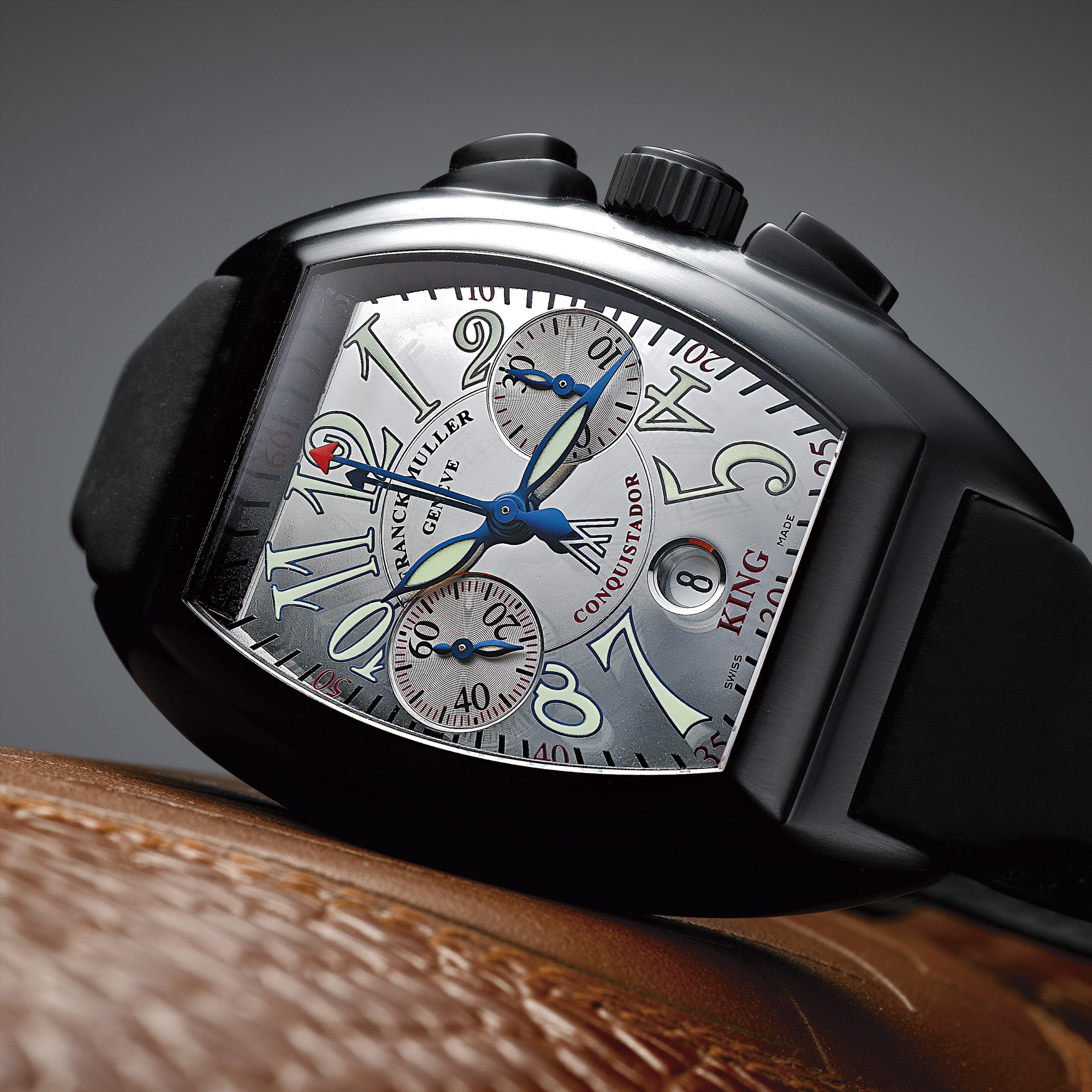 Franck Muller, AN OVERSIZED LIMITED EDITION BLACKENED STAINLESS STEEL AUTOMATIC TONNEAU FORM CHRONOGRAPH WRISTWATCH WITH DATE AND REGISTER CIRCA 2005 REF 8005 CONQUISTADOR KING MARCUS NO 29/50