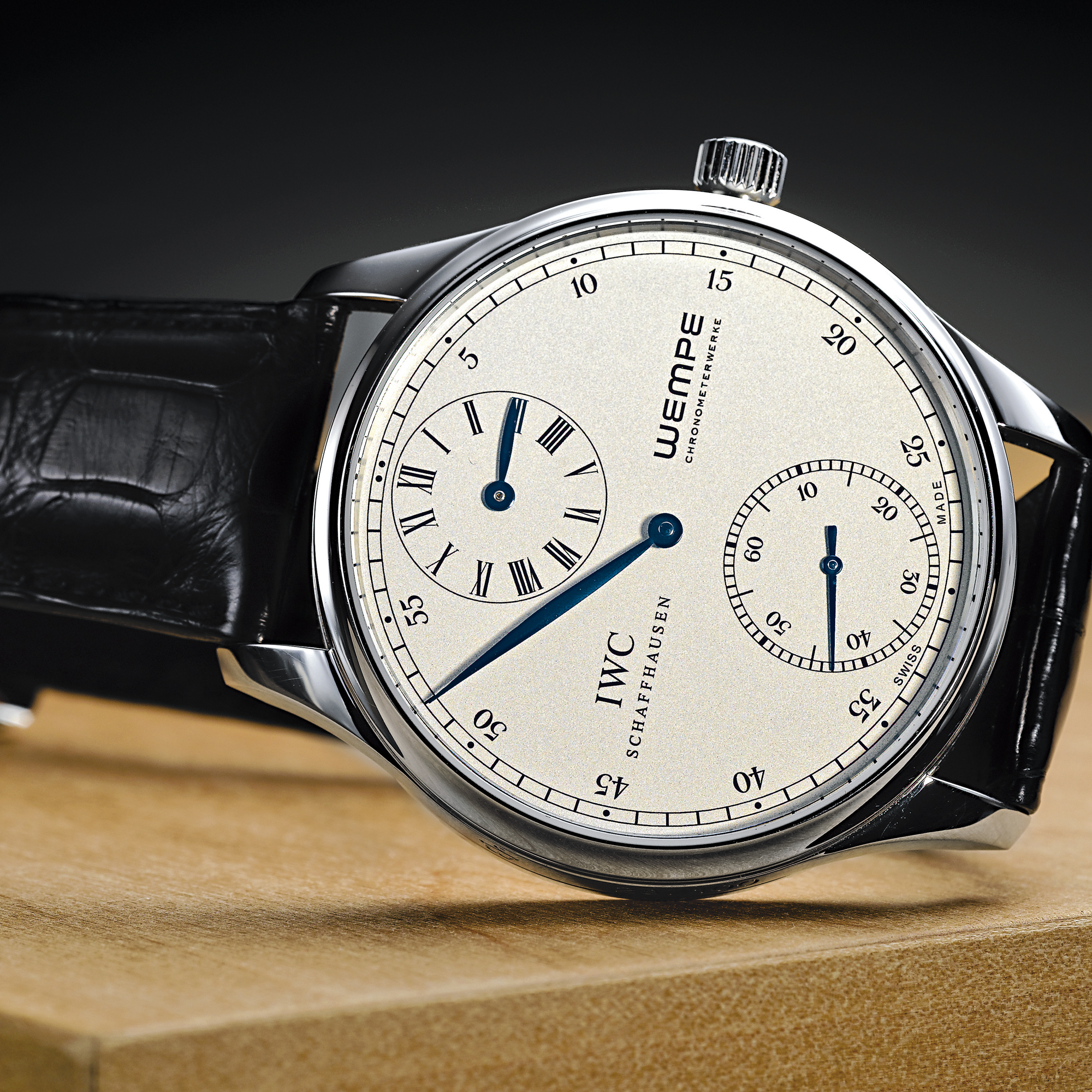 International Watch Co., RETAILED BY WEMPE: AN OVERSIZED LIMITED EDITION STAINLESS STEEL WRISTWATCH WITH REGULATOR-STYLE DIAL CIRCA 2005 PORTUGUESE REGULATEUR NO 28/100