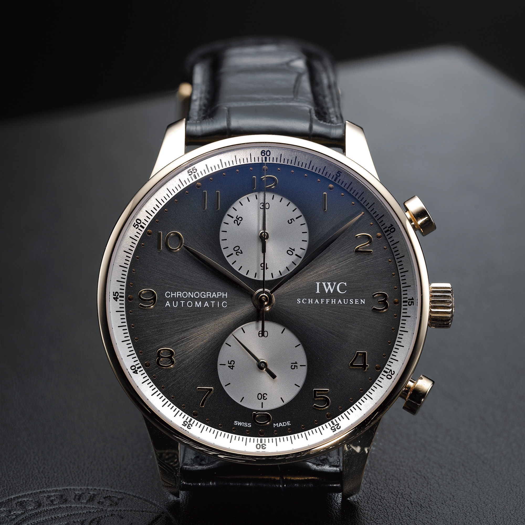 International Watch Co., AN OVERSIZED LIMITED EDITION PINK GOLD AUTOMATIC CHRONOGRAPH WRISTWATCH WITH REGISTER CIRCA 2001 PORTUGUESE JACKIE CHAN CHARITABLE FOUNDATION NO 68/250
