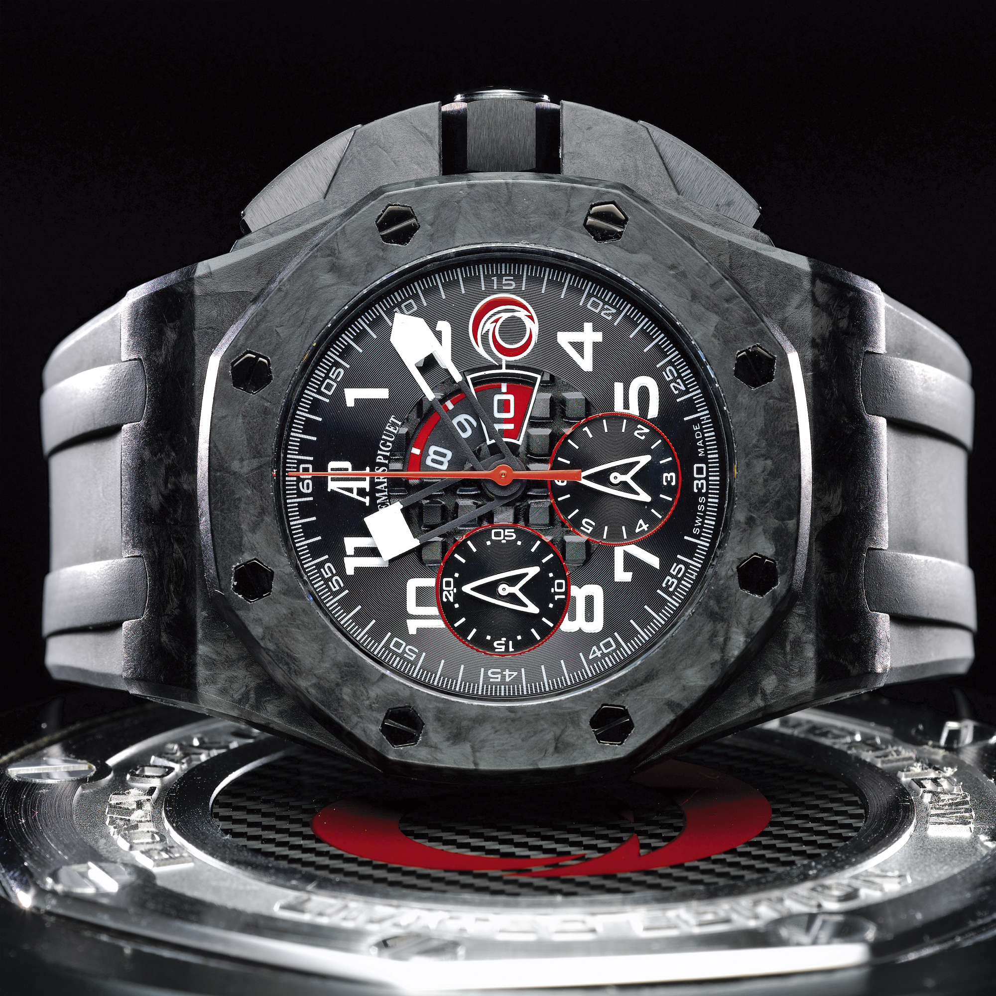 Audemars Piguet, AN OVERSIZED LIMITED EDITION FORGED CARBON FIBER AUTOMATIC FLYBACK CHRONOGRAPH WRISTWATCH WITH REGATTA COUNTDOWN CIRCA 2007 ROYAL OAK OFFSHORE ALINGHI TEAM NO 26/1300