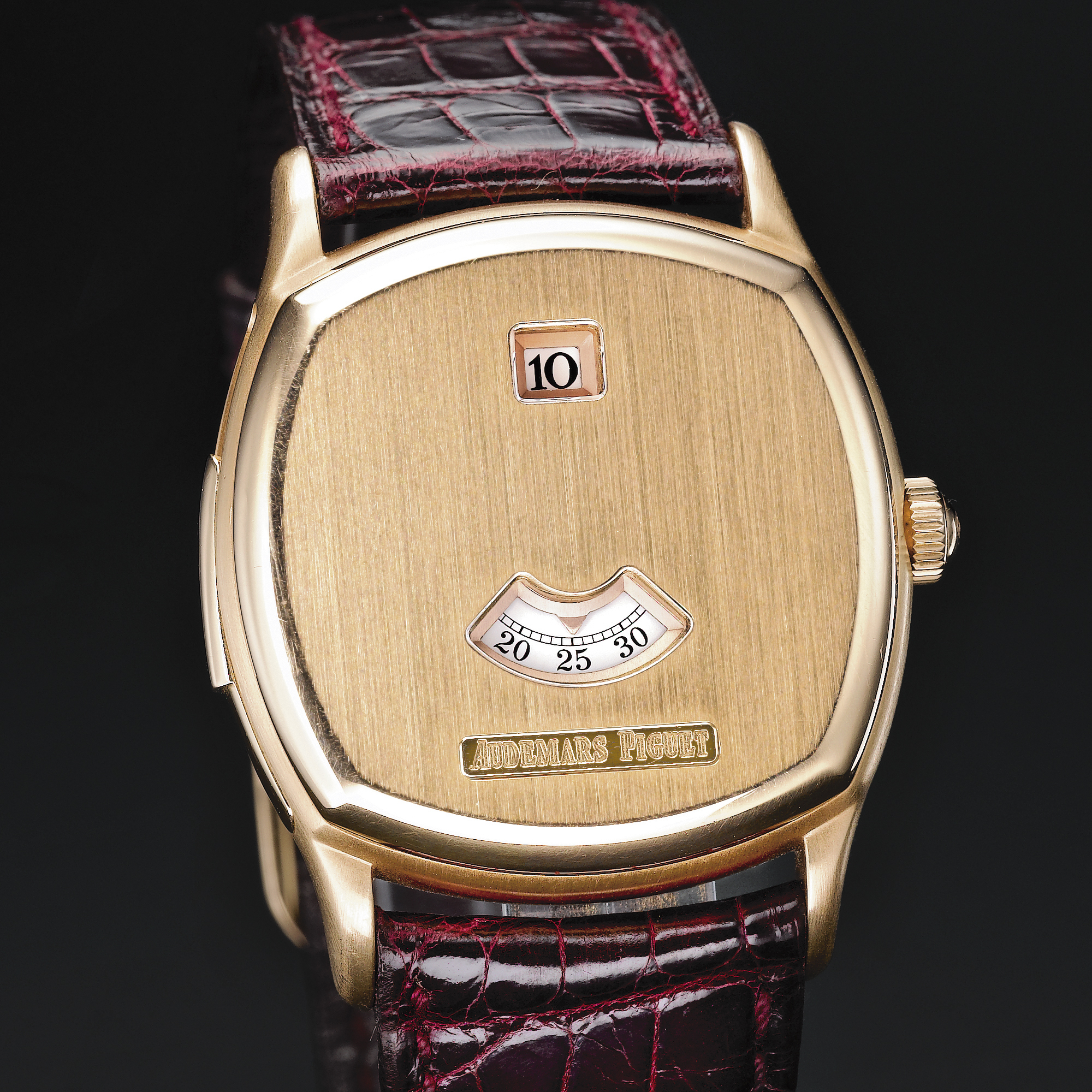Audemars Piguet, A FINE AND RARE PINK GOLD LIMITED EDITION CUSHION FORM MINUTE REPEATING JUMP HOUR WRISTWATCH CIRCA 1995 NO 5/25