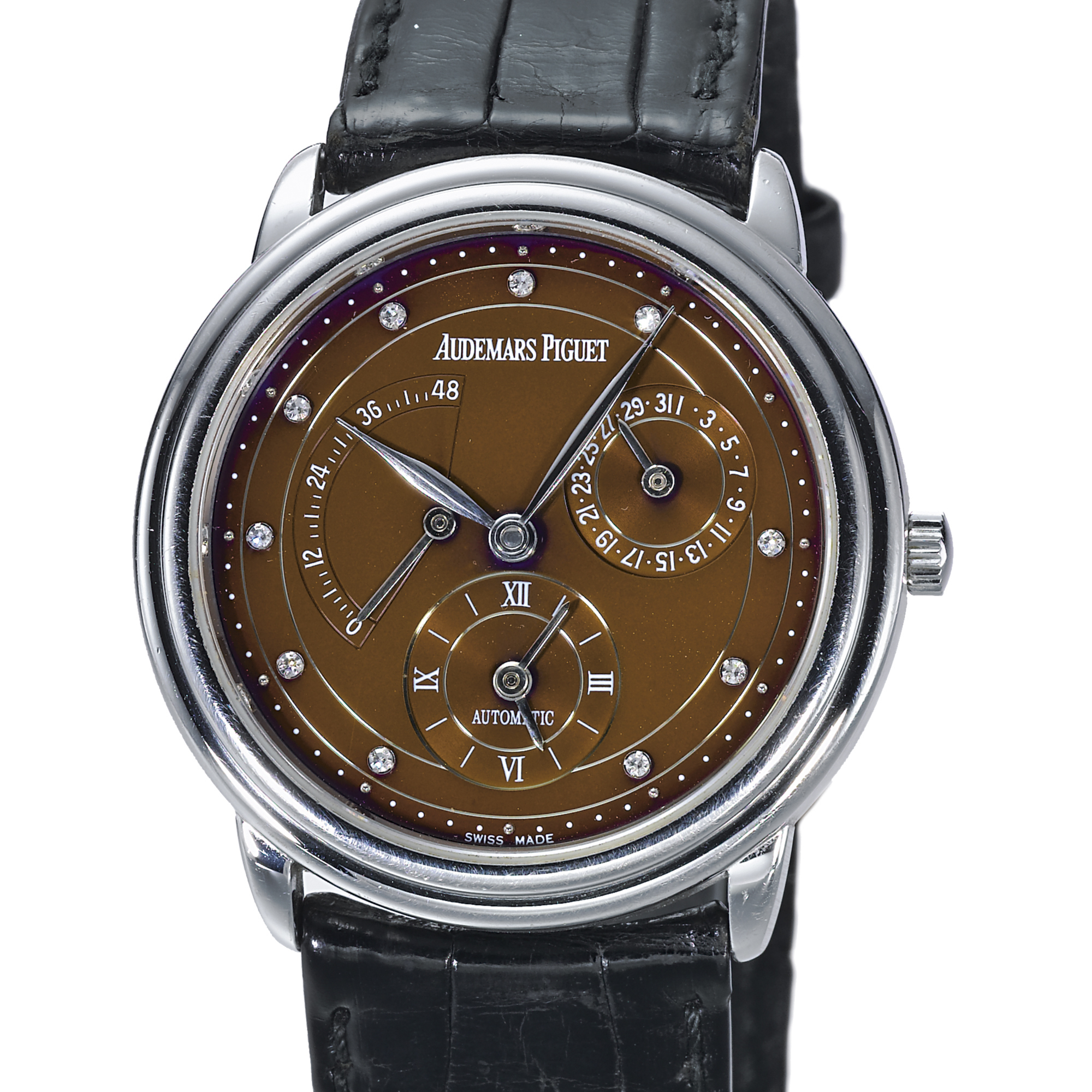 Audemars Piguet, A WHITE GOLD AND DIAMOND SET AUTOMATIC DUAL TIME WRISTWATCH WITH DATE AND POWER RESERVE INDICATION CIRCA 1998