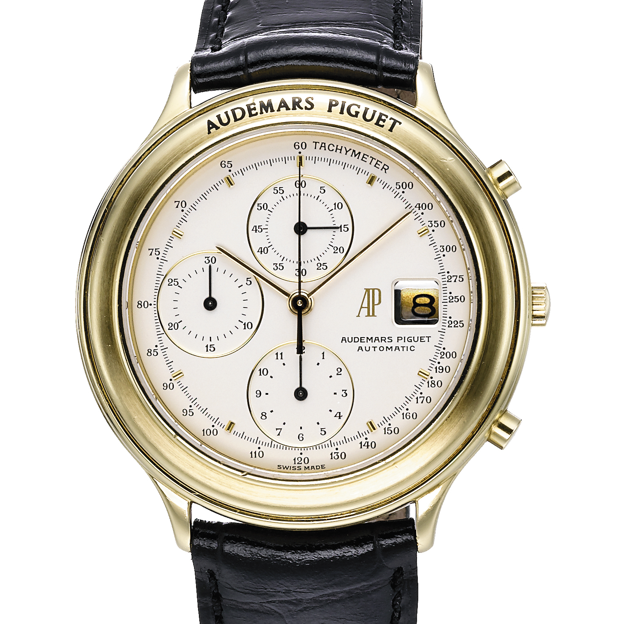 Audemars Piguet, A GOLD AUTOMATIC CHRONOGRAPH WRISTWATCH WITH DATE, REGISTERS AND TACHYMETER CIRCA 1990