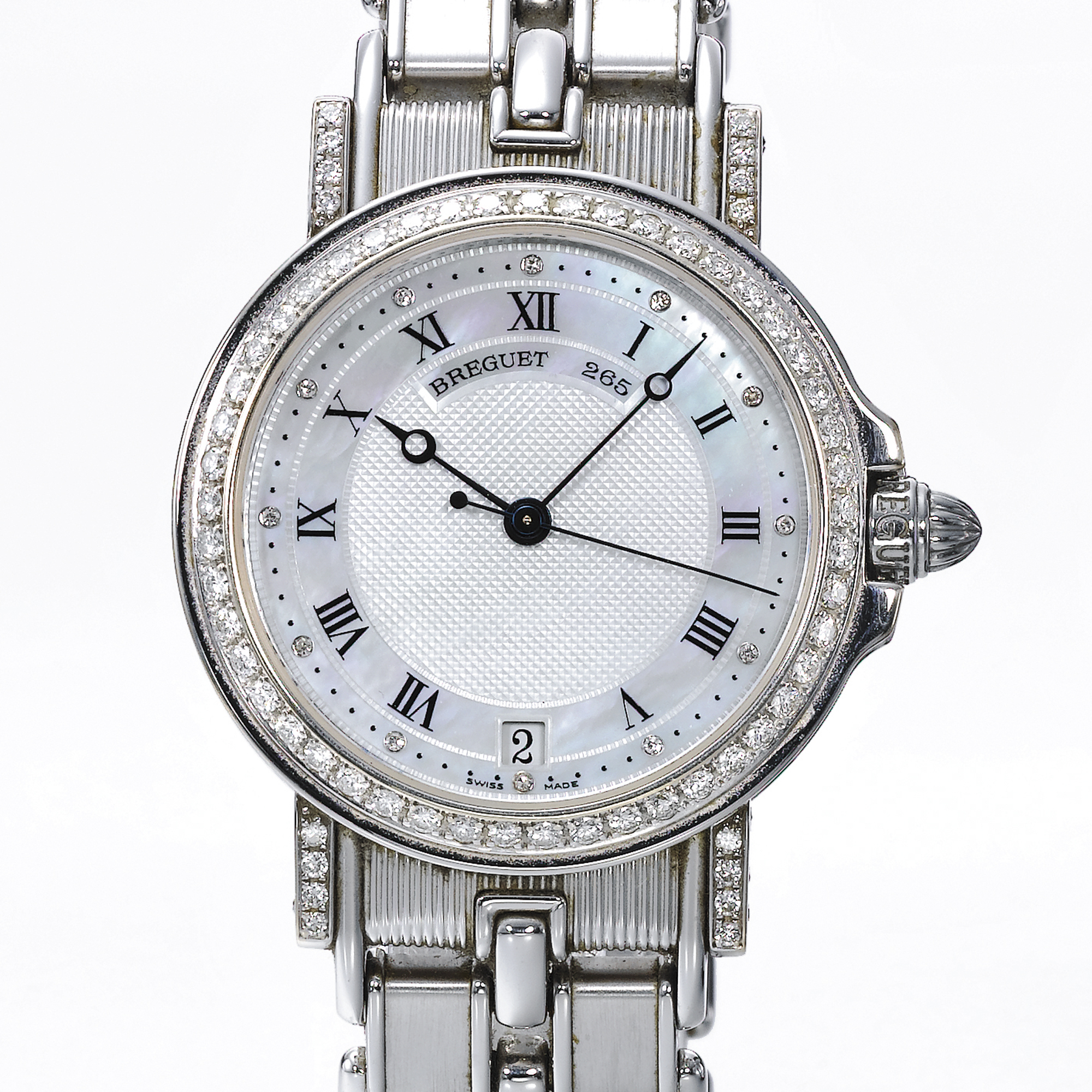 Breguet, A WHITE GOLD AND DIAMOND SET AUTOMATIC CENTER SECONDS WRISTWATCH WITH DATE, BRACELET AND MOTHER-OF-PEARL DIAL CIRCA 2000 MARINE