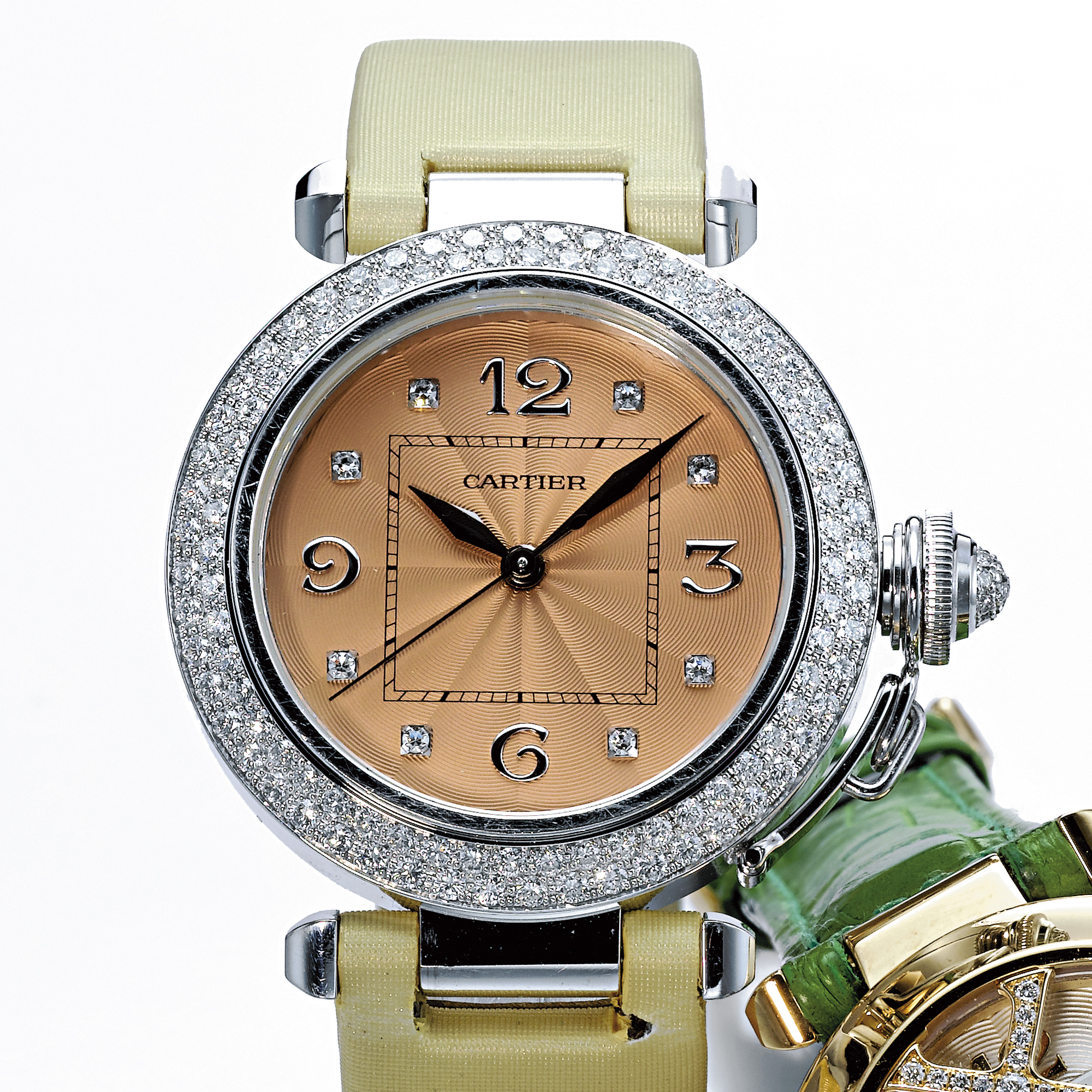 Cartier, A LADY'S FINE WHITE GOLD AND DIAMOND SET AUTOMATIC CENTER SECONDS WRISTWATCH WITH DATE CIRCA 2005 PASHA