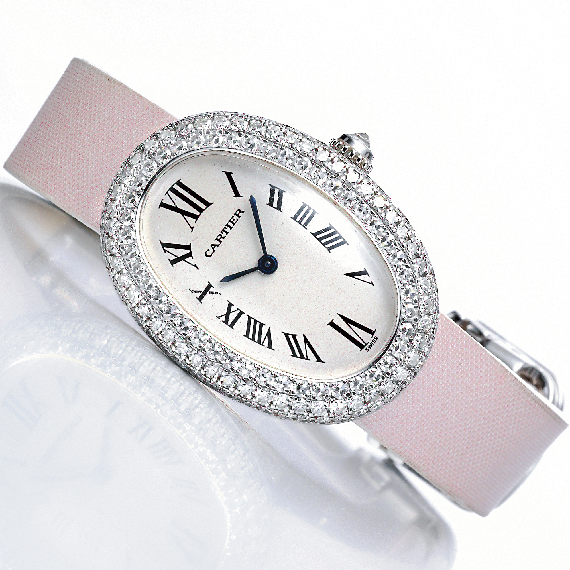 Cartier, A LADY'S FINE WHITE GOLD AND DIAMOND SET OVAL FORM WRISTWATCH CIRCA 1992 BAIGNOIRE