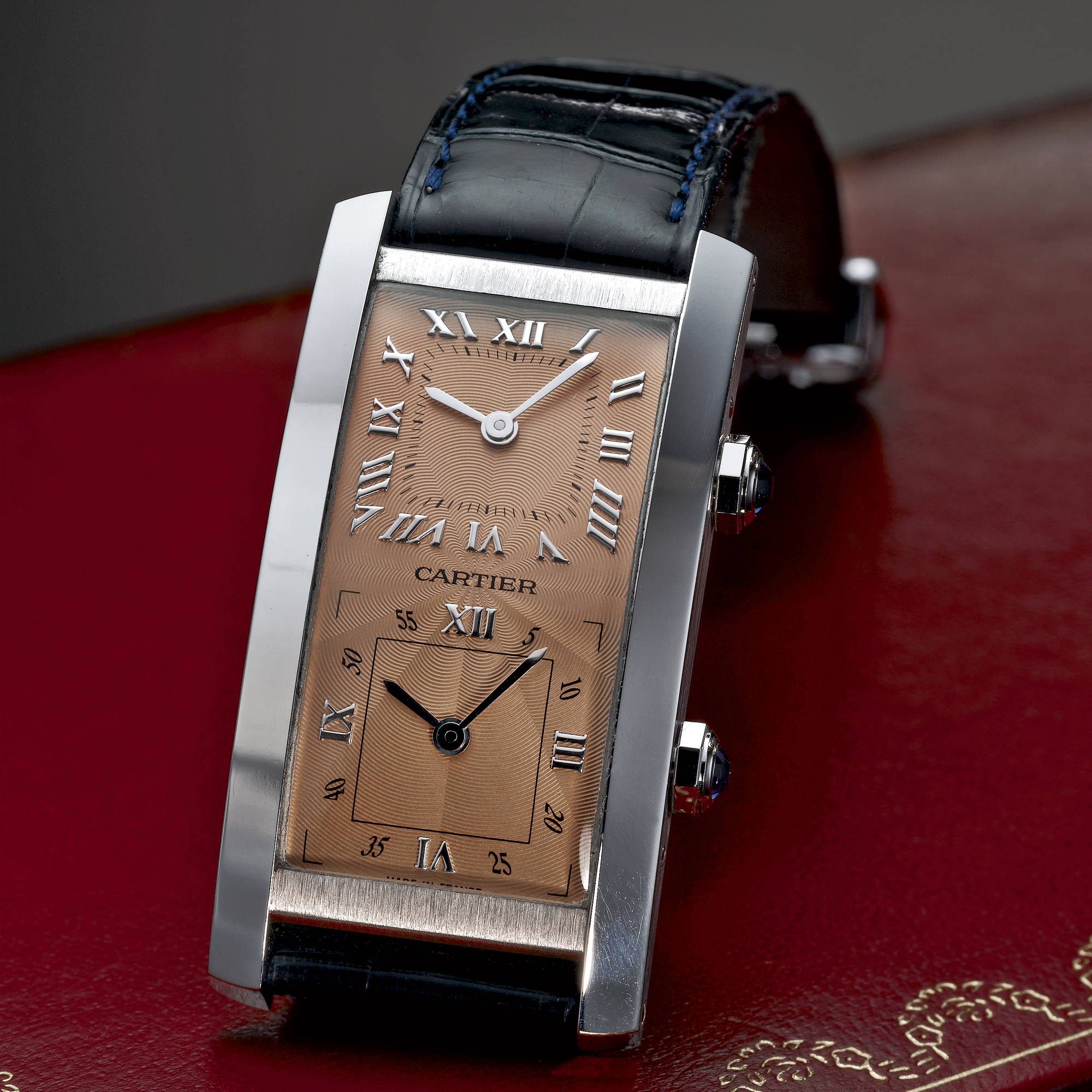Cartier, A FINE LIMITED EDITION PLATINUM RECTANGULAR DUAL TIME WRISTWATCH CIRCA 1998 TANK AMERICAINE N0 7/50