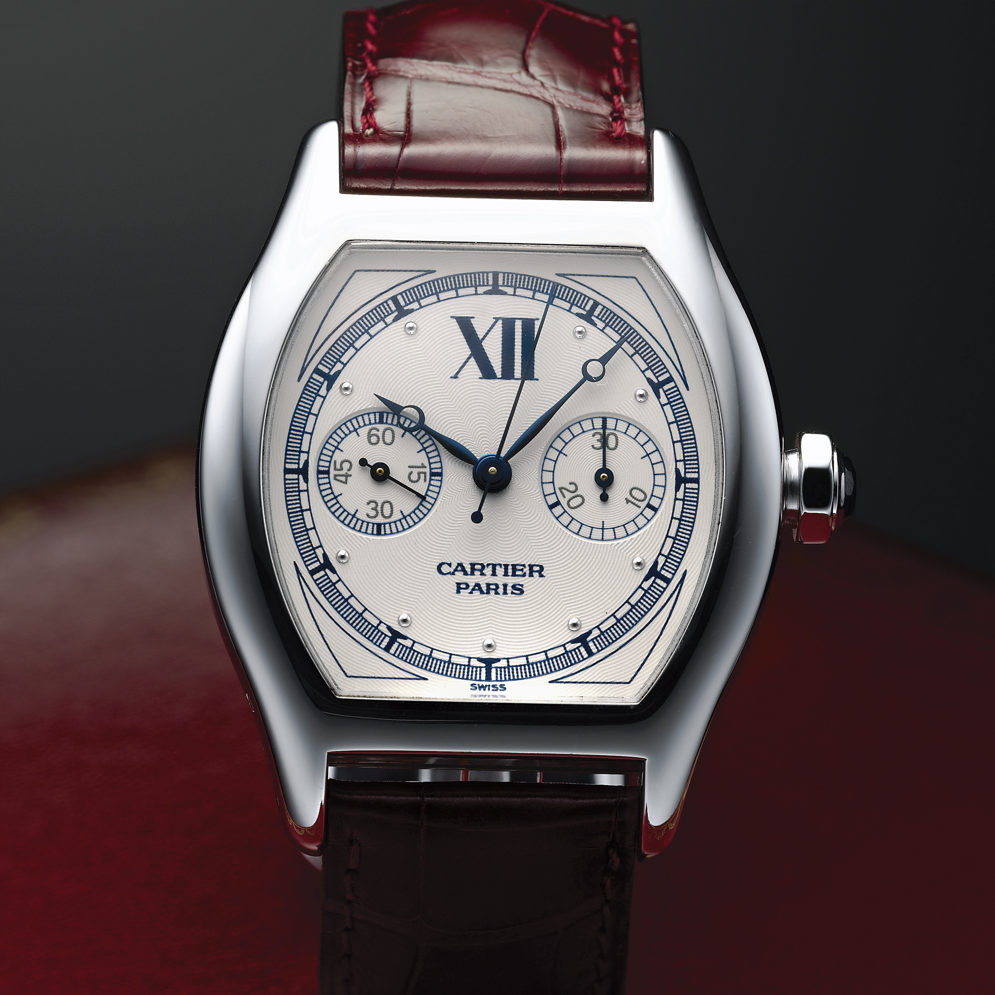Cartier, A FINE WHITE GOLD TONNEAU FORM SINGLE BUTTON CHRONOGRAPH WRISTWATCH WITH REGISTER CIRCA 1998 REF 2396 TORTUE NO 751