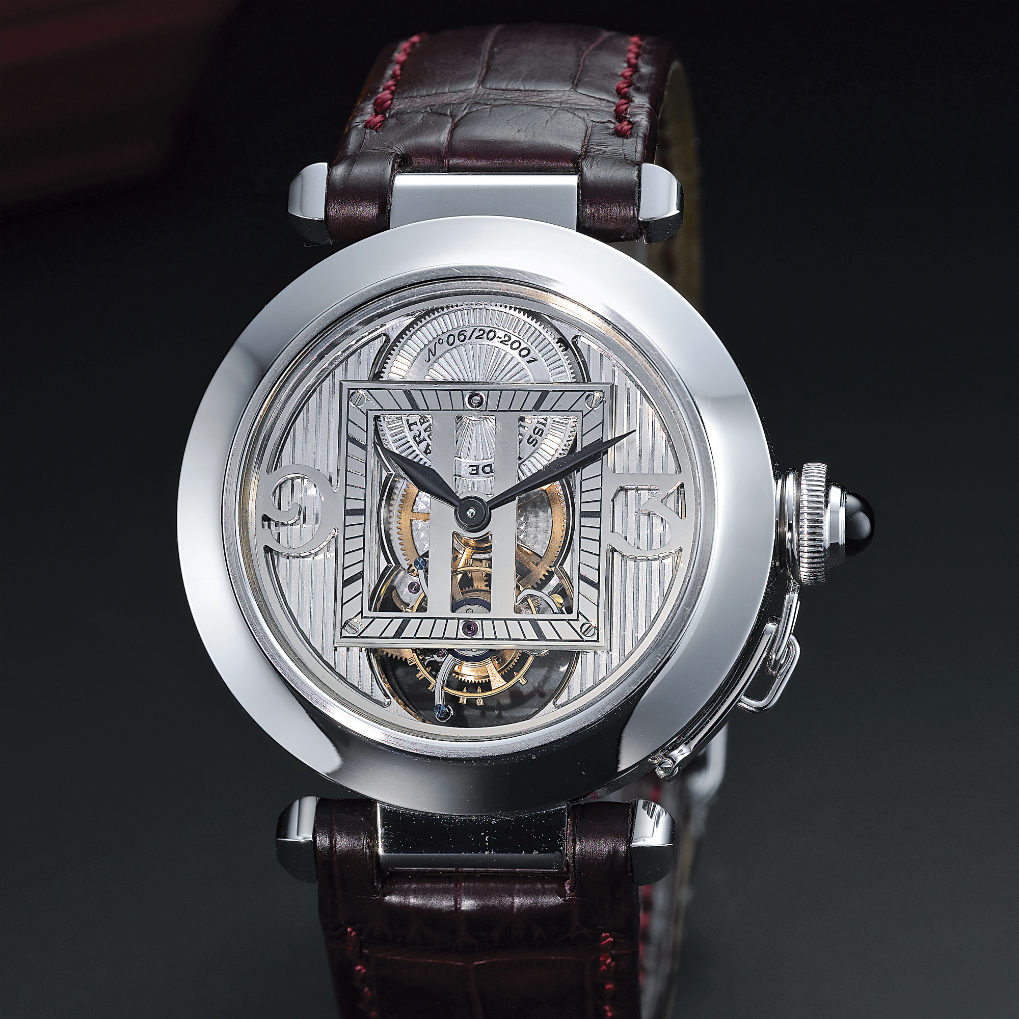 Cartier, A FINE AND RARE WHIT GOLD LIMITED EDITION SEMI-SKELETONISED ONE MINUTE TOURBILLON WRISTWATCH CIRCA 2001 PASHA 06/20