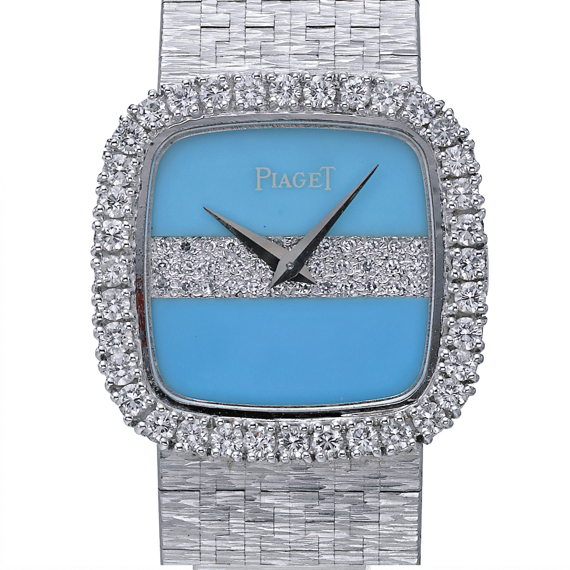 Piaget, A LADY'S WHITE GOLD AND DIAMOND SET CUSHION FORM BRACELET WATCH WITH A TURQUOISE DIAL CIRCA 1980