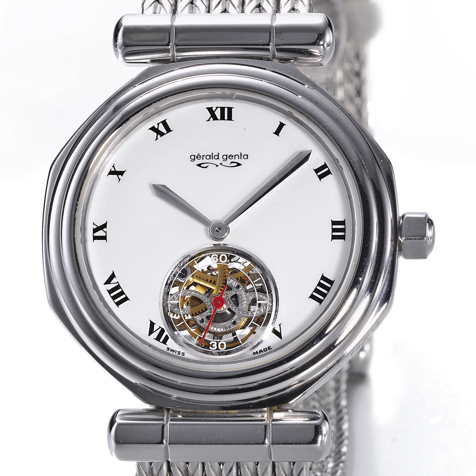 Gérald Genta, A WHITE GOLD AUTOMATIC ONE-MINUTE TOURBILLON BRACELET WATCH CIRCA 1995 NO 67