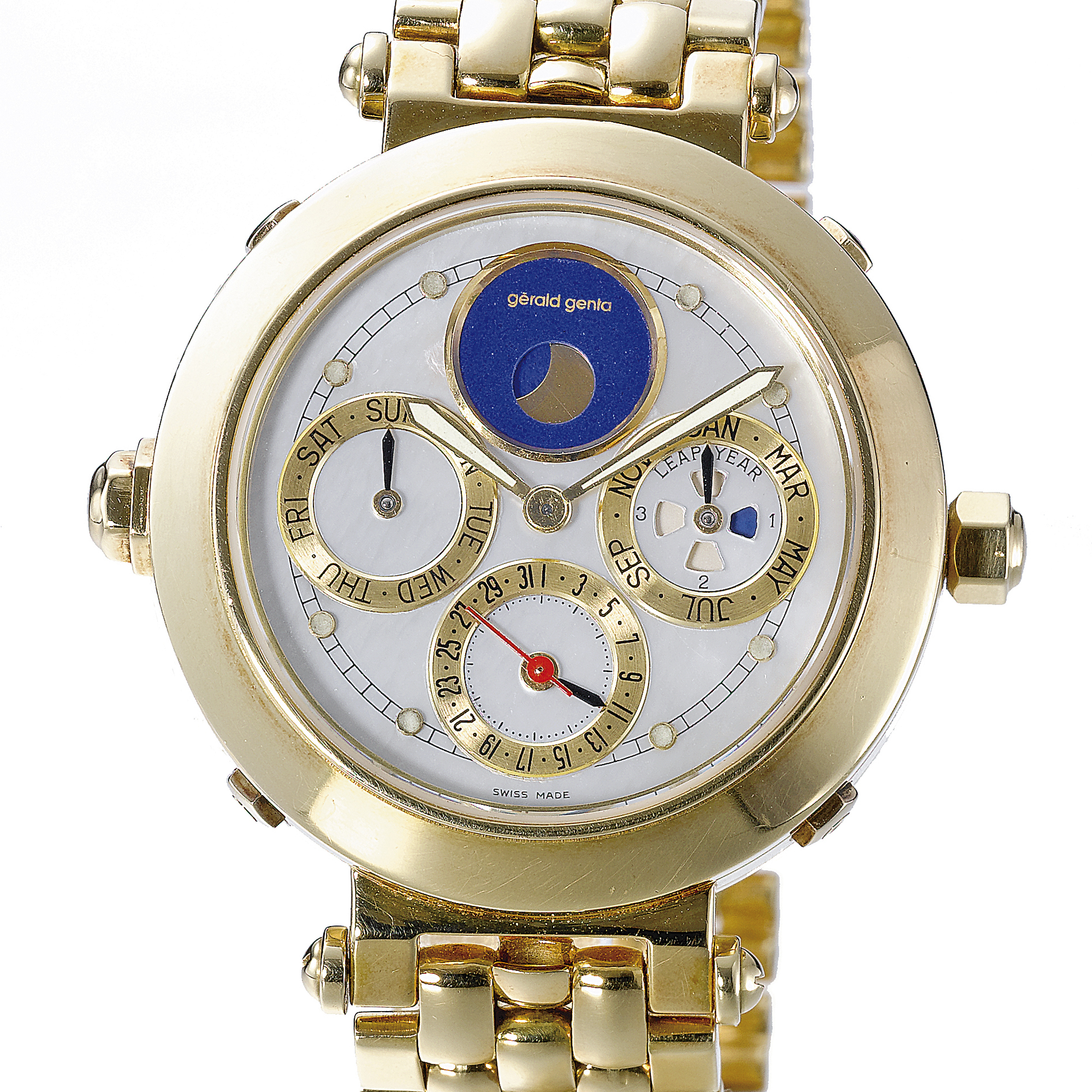 Gérald Genta, A RARE GOLD AUTOMATIC MINUTE REPEATING, ONE-MINUTE TOURBILLON,  PERPETUAL CALENDAR BRACELET WATCH WITH MOTHER-OF-PEARL DIALCIRCA 1995  NO.1